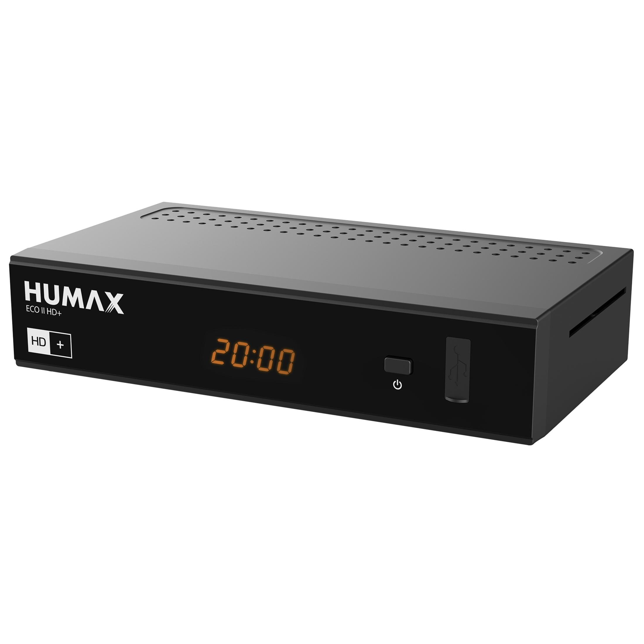 Schwarzer Digitalempfänger mit Display, das die Uhrzeit anzeigt. Die Marke 'HUMAX' ist sichtbar.