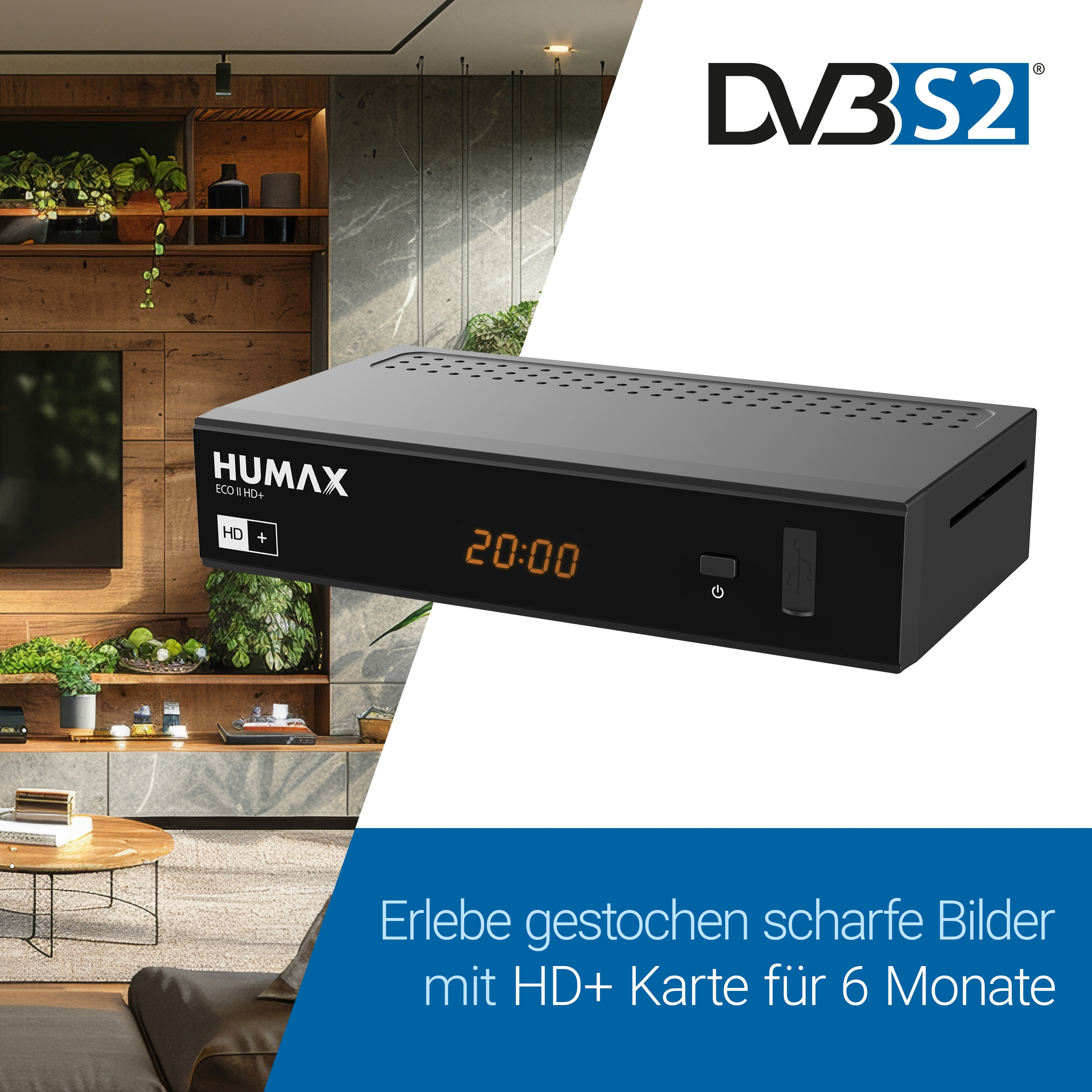Digitaler TV-Receiver mit Humax-Logo, Bildschirm und Raumhintergrund.