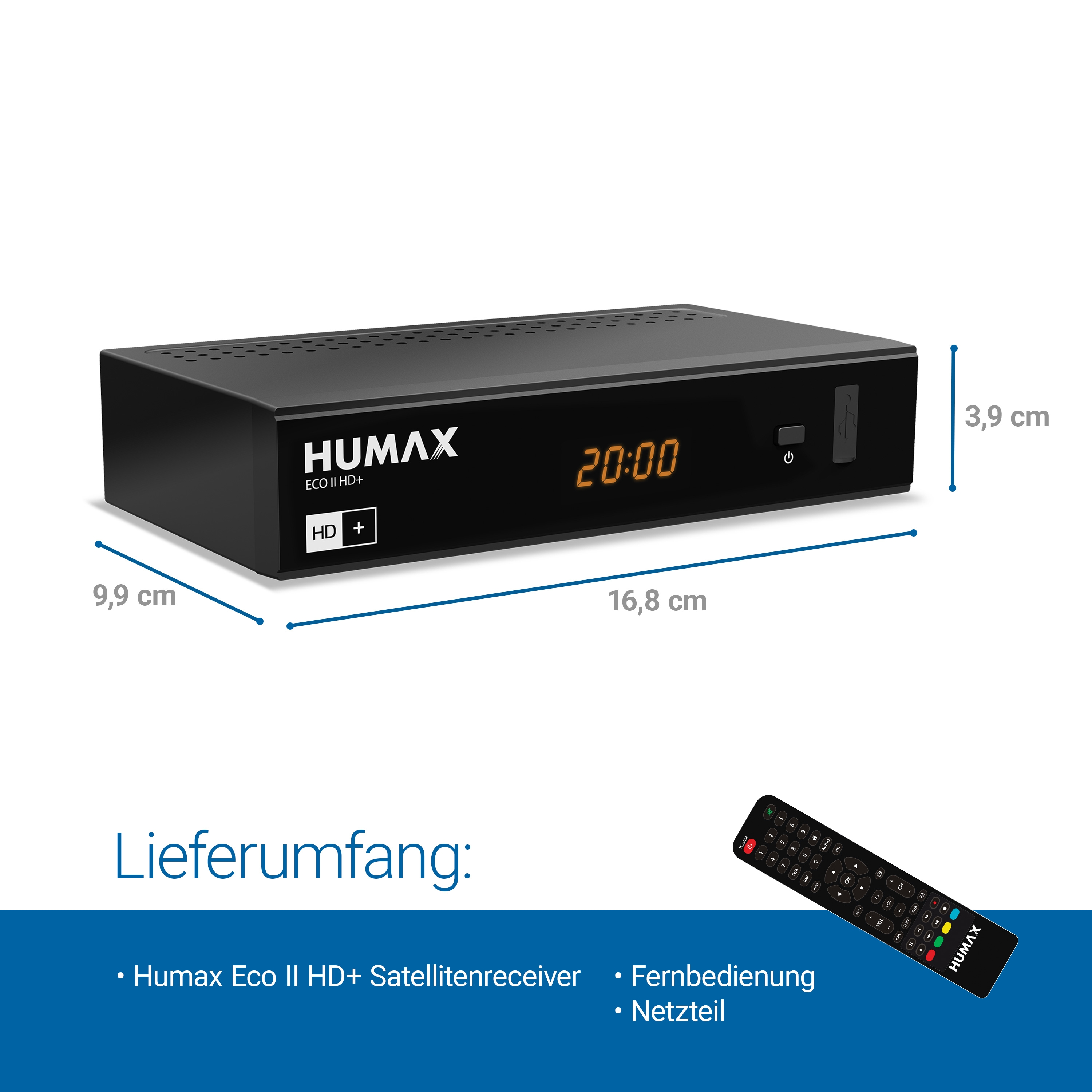 Schwarzer digitaler Receiver mit Fernbedienung. Abmessungen sind in Zentimetern angegeben.