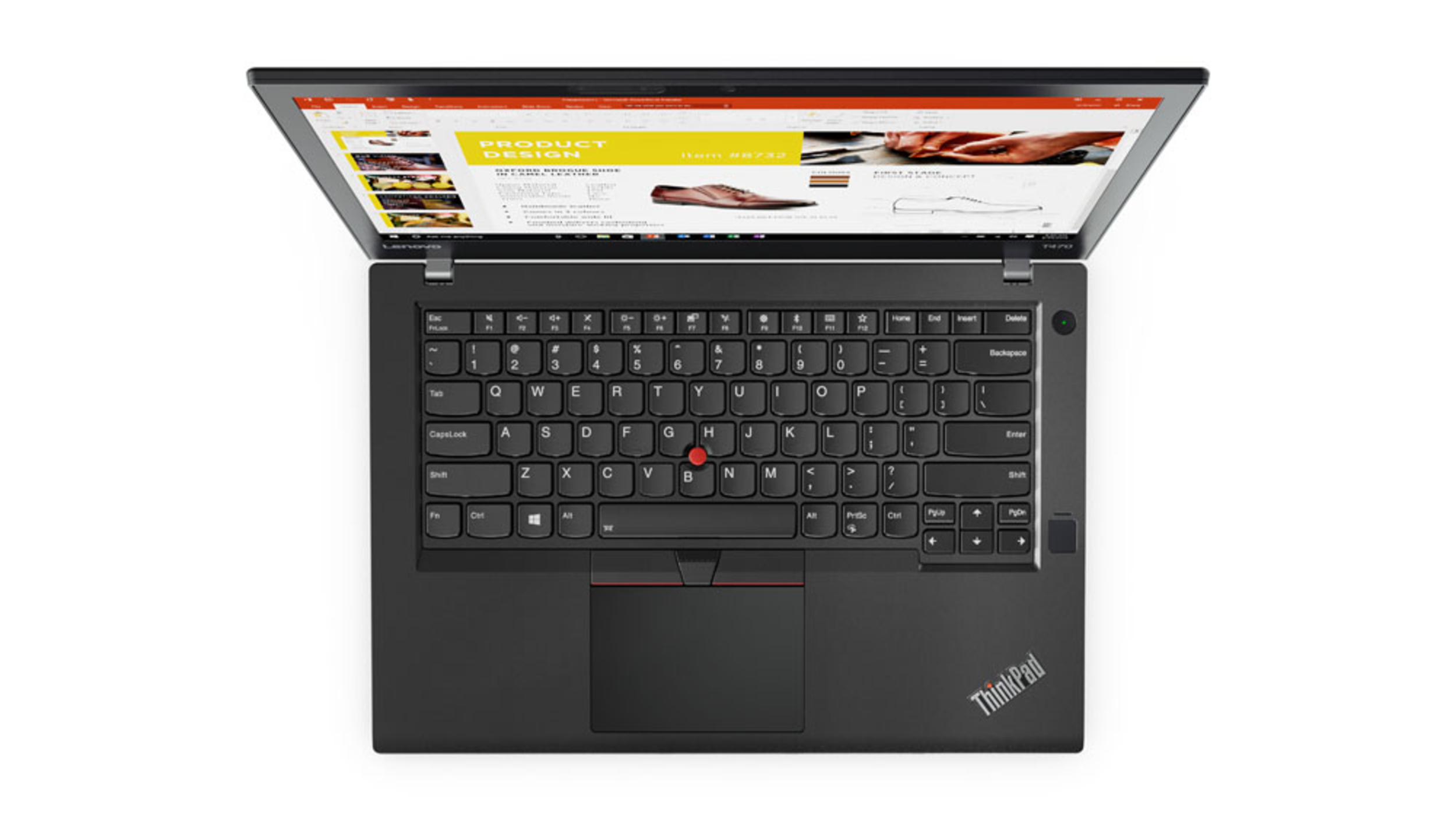 Ein Lenovo ThinkPad Laptop, schwarz, geöffnet. Der Bildschirm zeigt ein Produktdesign mit Schuhen an.
