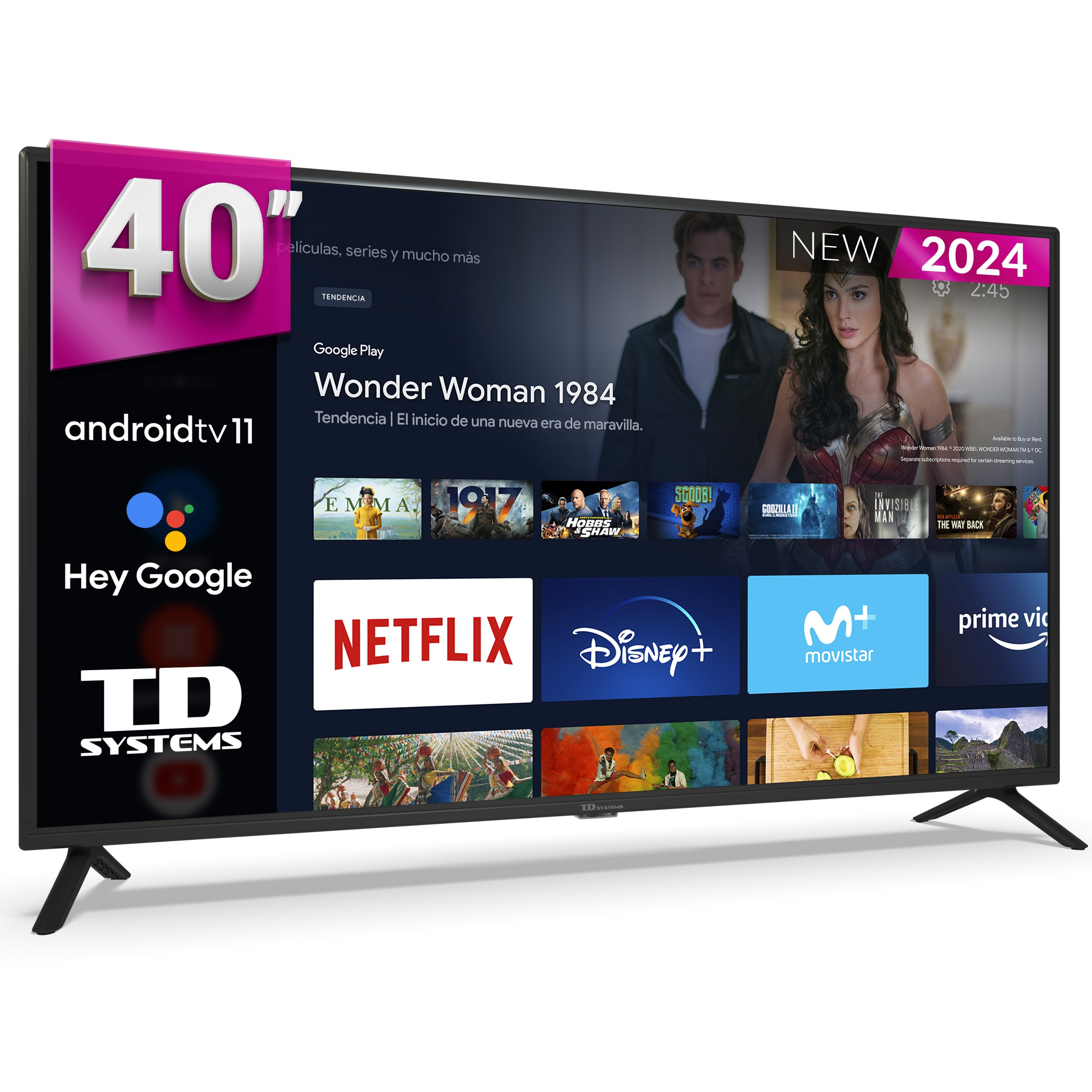 TV de 40 pulgadas muestra interfaz streaming con películas.