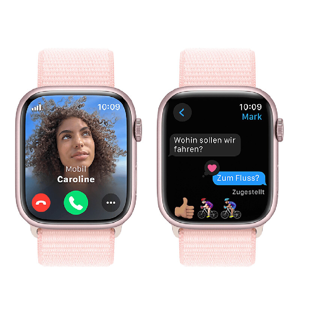 Zwei Smartwatches zeigen einen Videoanruf und eine Textkonversation; die Uhren haben rosa Armbänder.