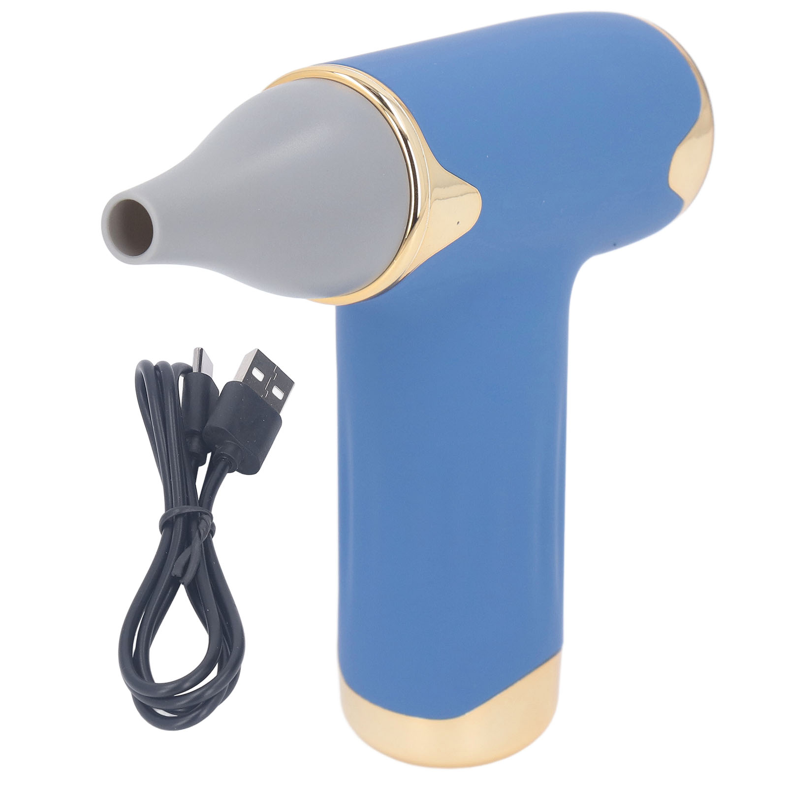 Blauer und grauer Ohrenreiniger mit USB-Kabel. Goldakzente und Ladekabel.