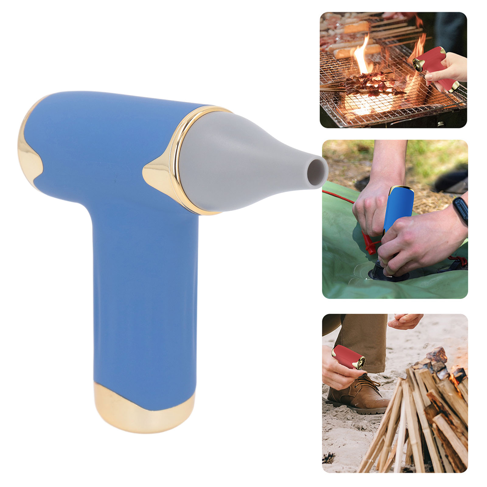 Blaues und goldenes Handgerät zum Anzünden von Grill, Zelt und Lagerfeuer.
