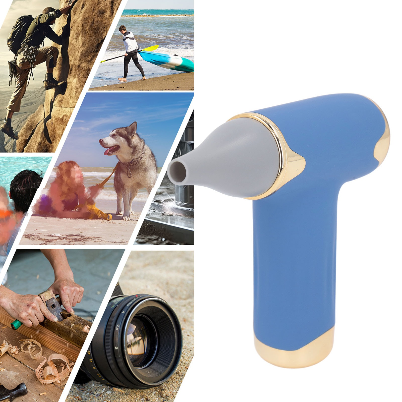 Eine Collage mit Klettern, Kajakfahren, Hund, blauem Gerät, Linse und einer Person.