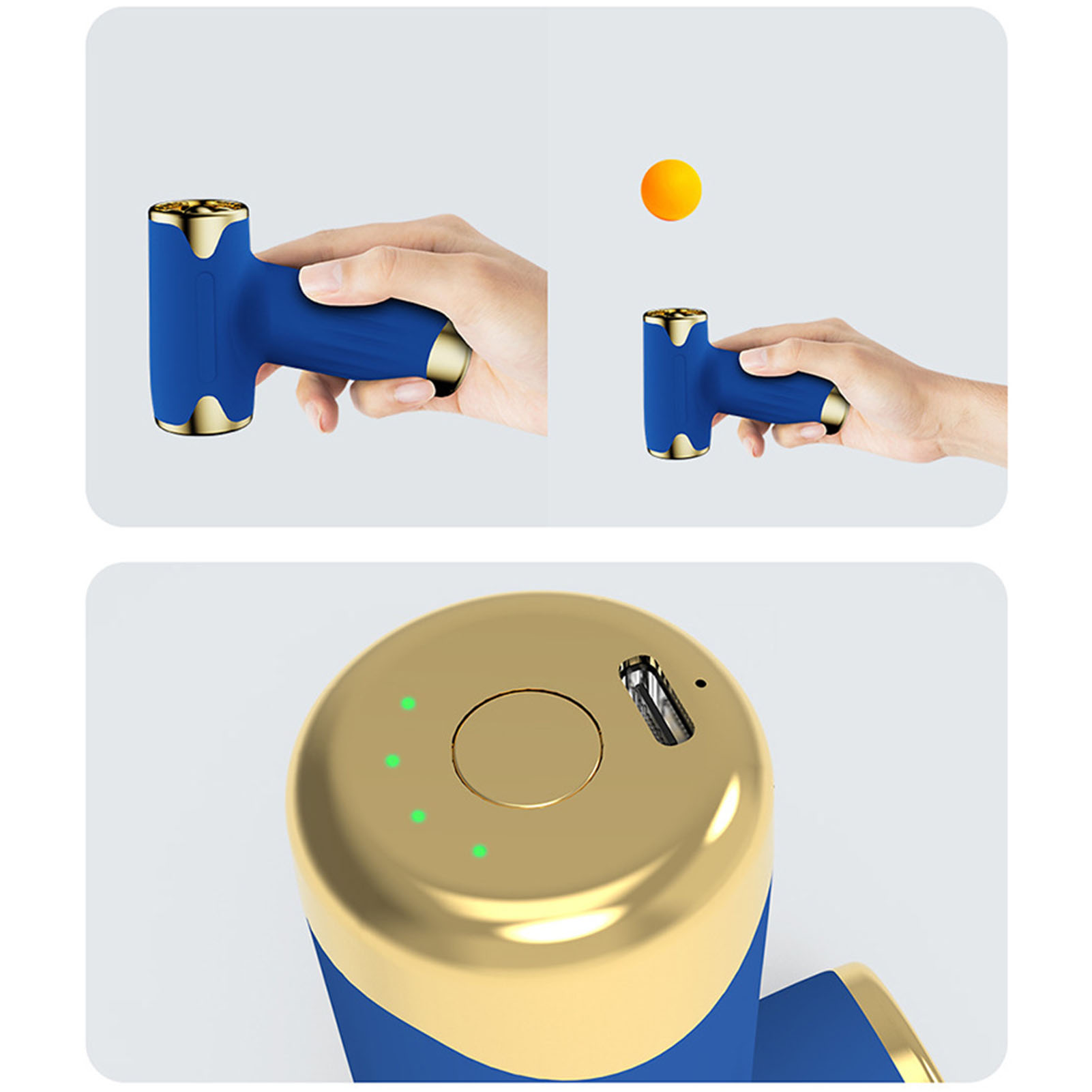 Eine blaue und goldene Massagepistole wird mit zwei Händen gehalten. Mehrere Betriebsanzeigen werden angezeigt.