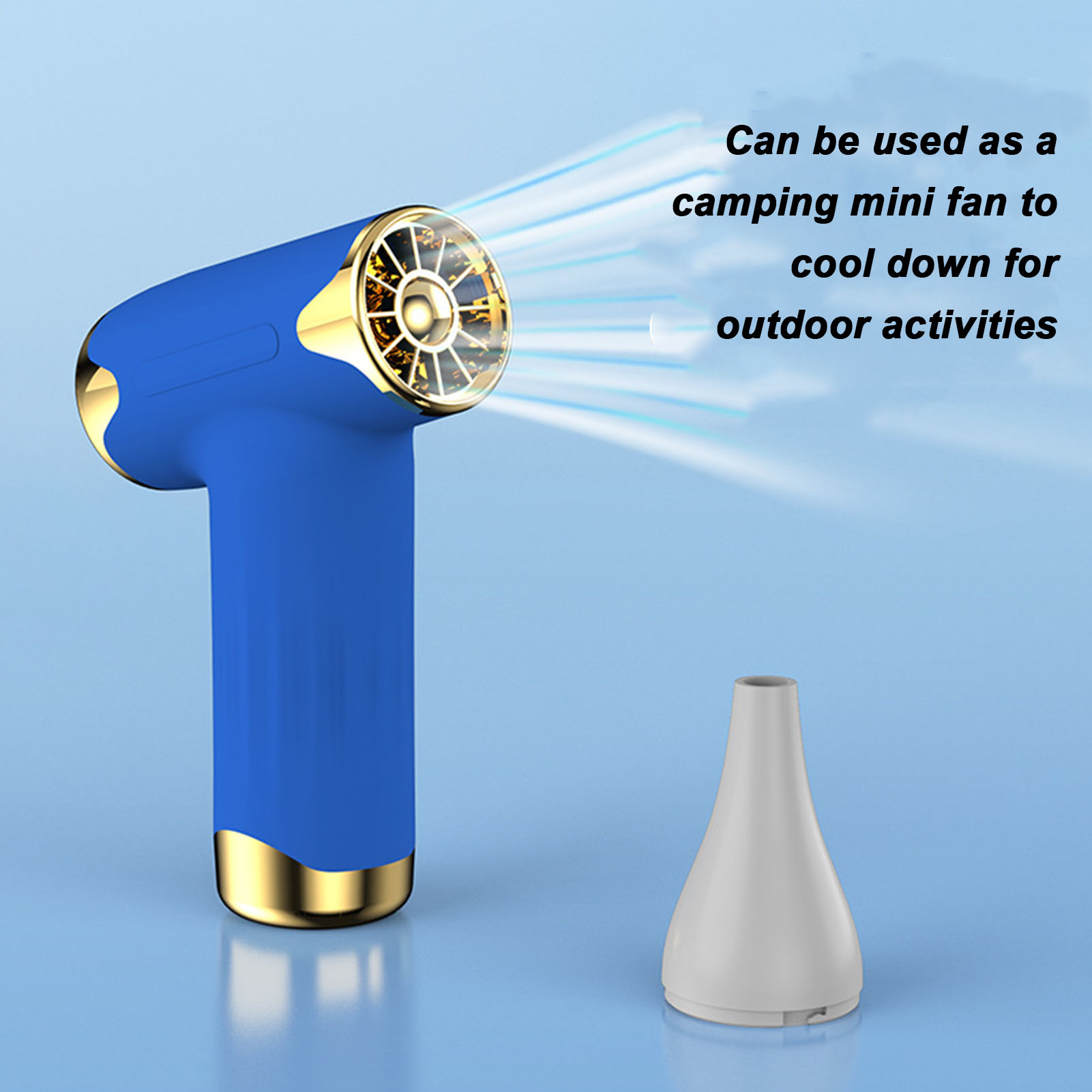 Blau-goldener Mini-Ventilator. Kann für Outdoor-Aktivitäten zum Abkühlen verwendet werden.