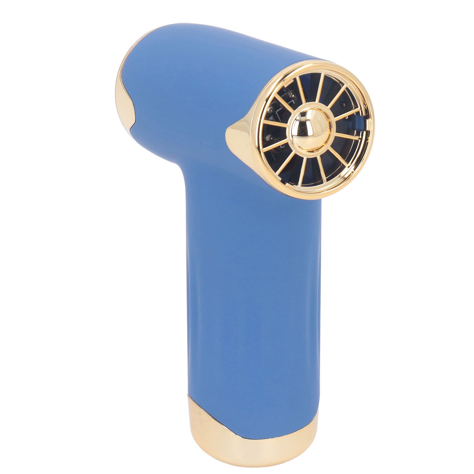 Ein blauer und goldener Handventilator, aus einem Winkel betrachtet. Der Ventilator hat ein einzigartiges Design.