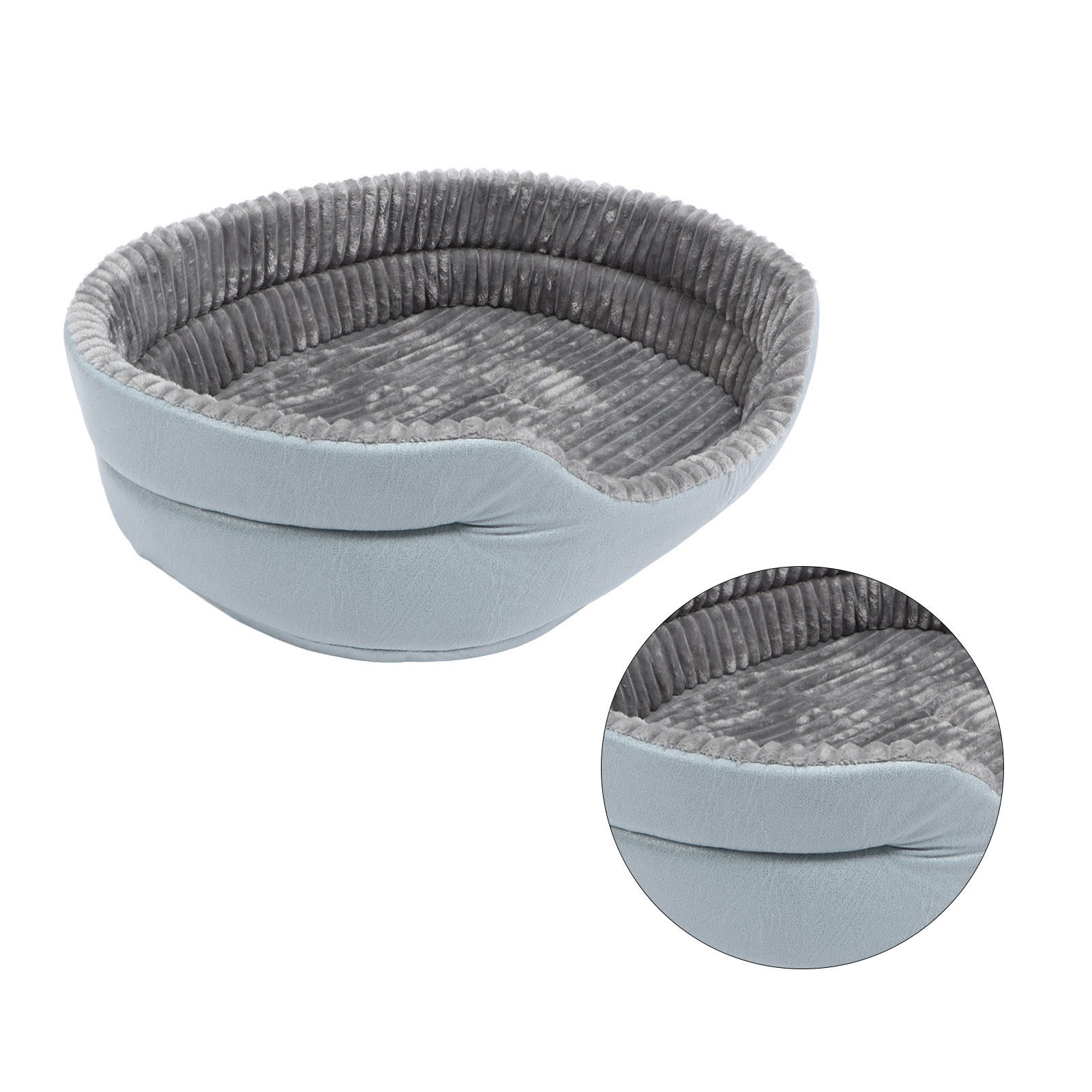 Blaues Hundebett mit grauem Innenraum. Kreisförmige Form.