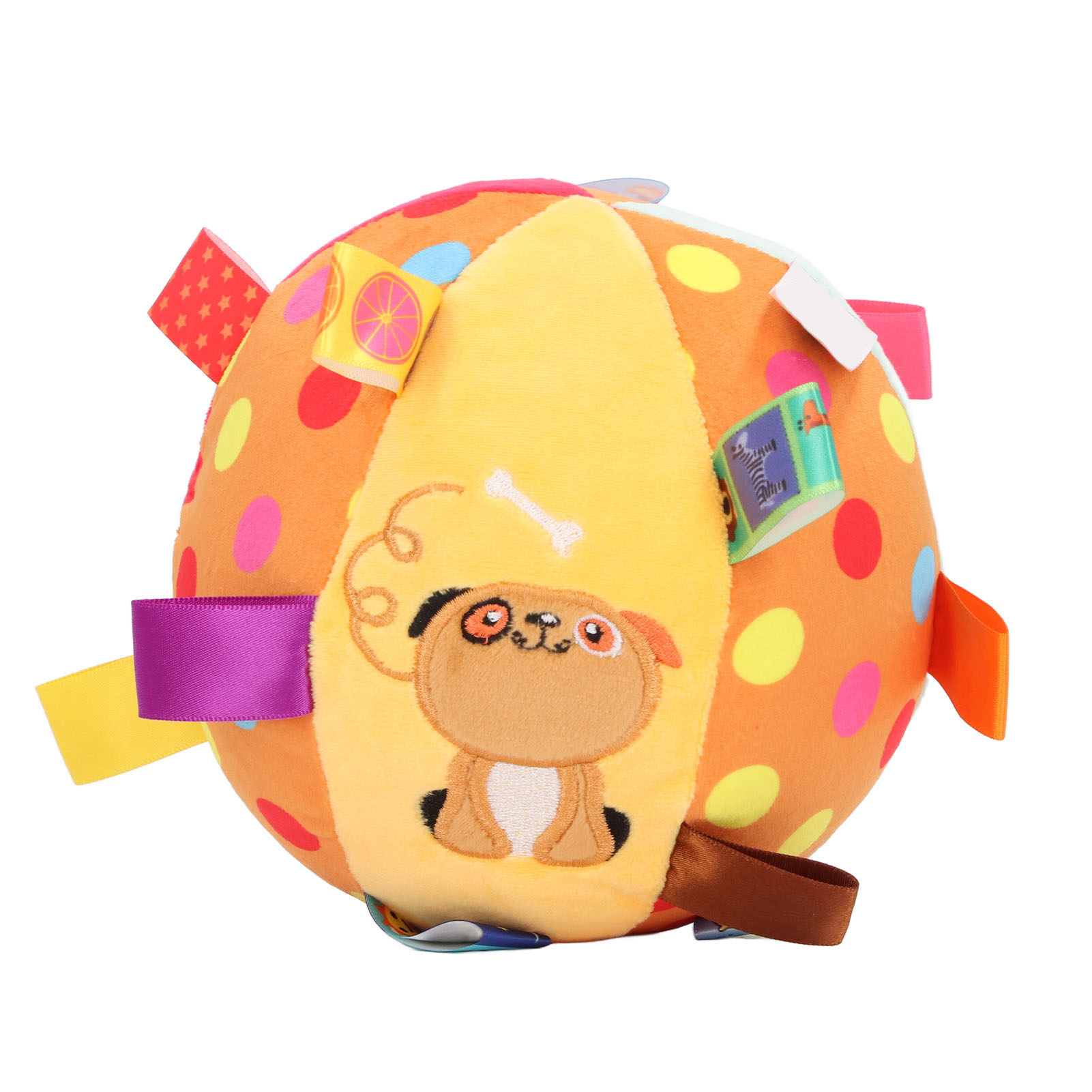 Bunter Babyball mit Anhängern und einem Welpen-Design. Orange, gelb und lila Farben sind sichtbar.