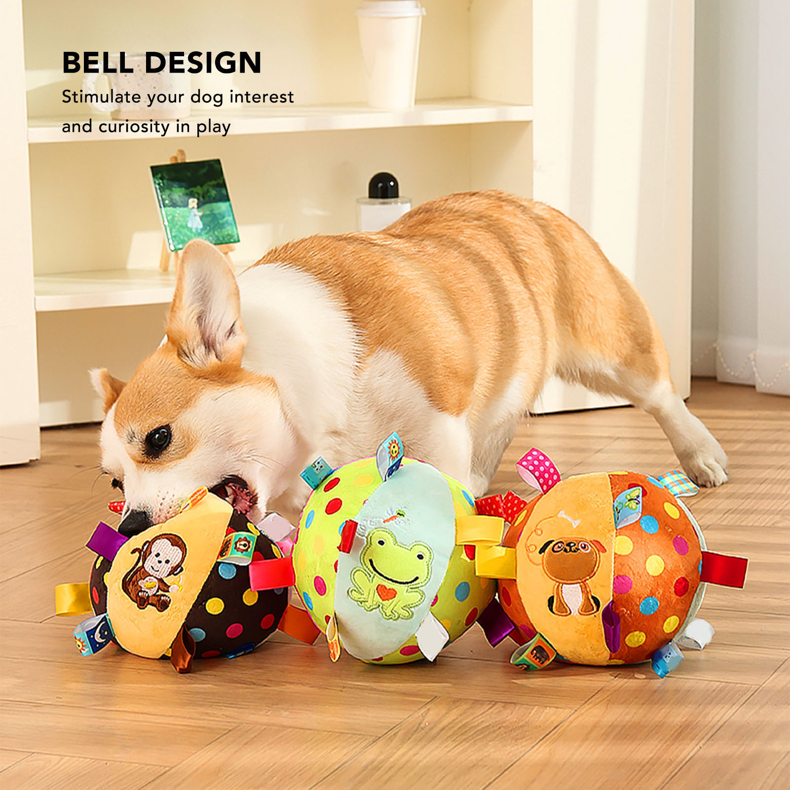 Ein Corgi spielt mit drei bunten Hundespielzeugen. Die Spielzeuge haben Glocken und liegen auf Holz.