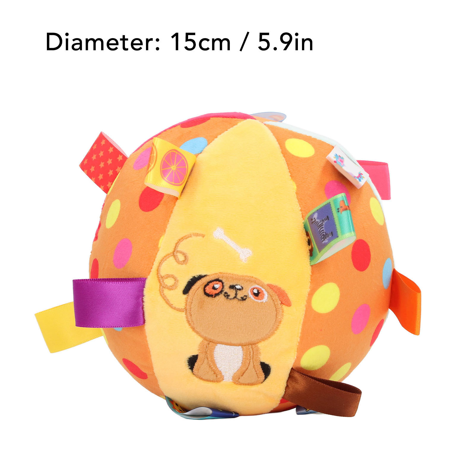 Ein orangefarbener Ball mit bunten Punkten und Anhängern, eine Hundezeichnung auf der Oberfläche.