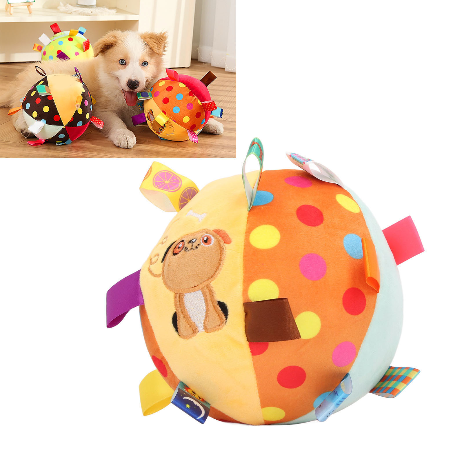 Ein farbenfrohes Babyspielzeug mit einem Welpen. Es gibt drei weitere Spielzeuge und einen Welpen auf dem Holzboden.