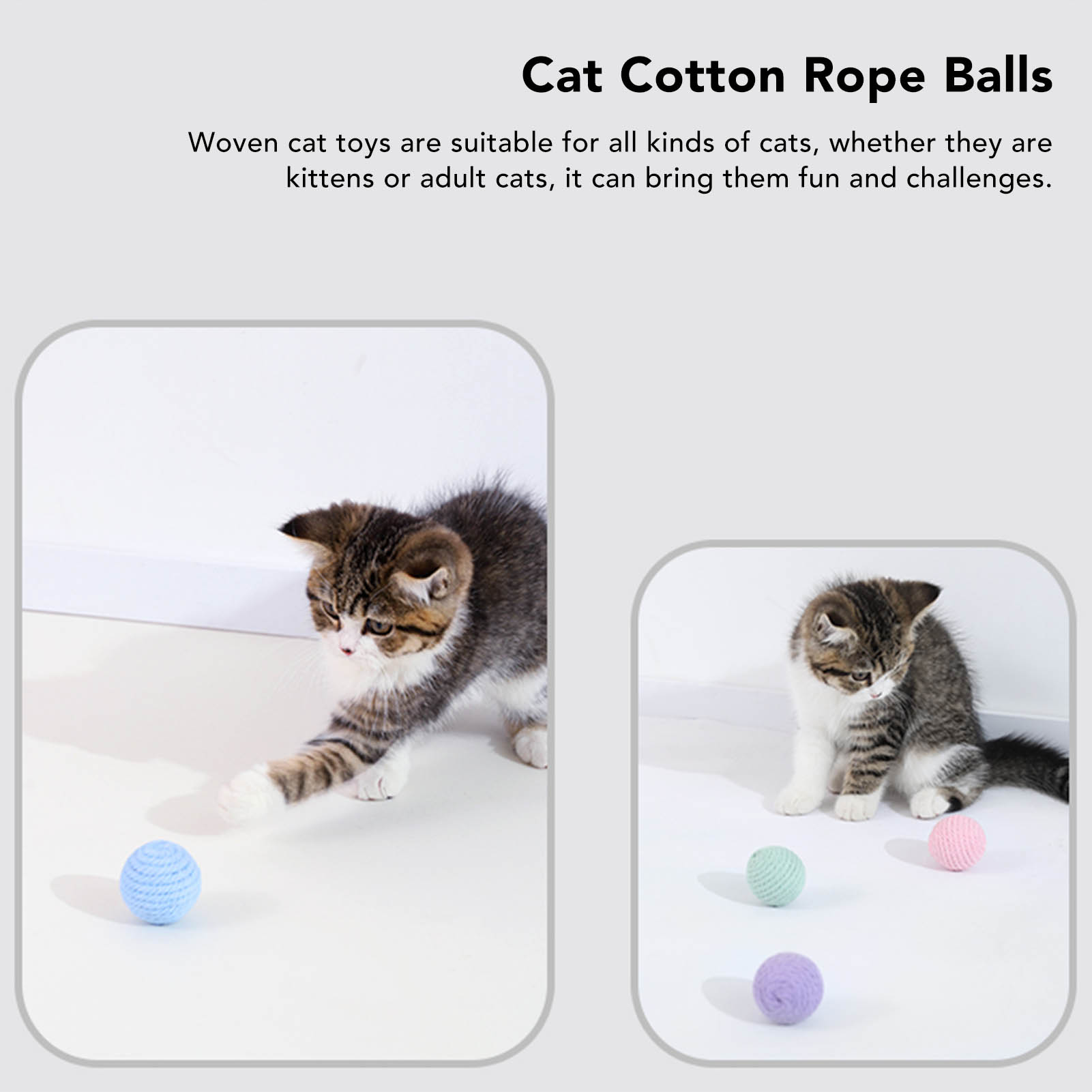 Zwei Fotos: Kätzchen spielt mit blauem Ball und drei Katzenspielzeuge. Text über Katzenspielzeug.