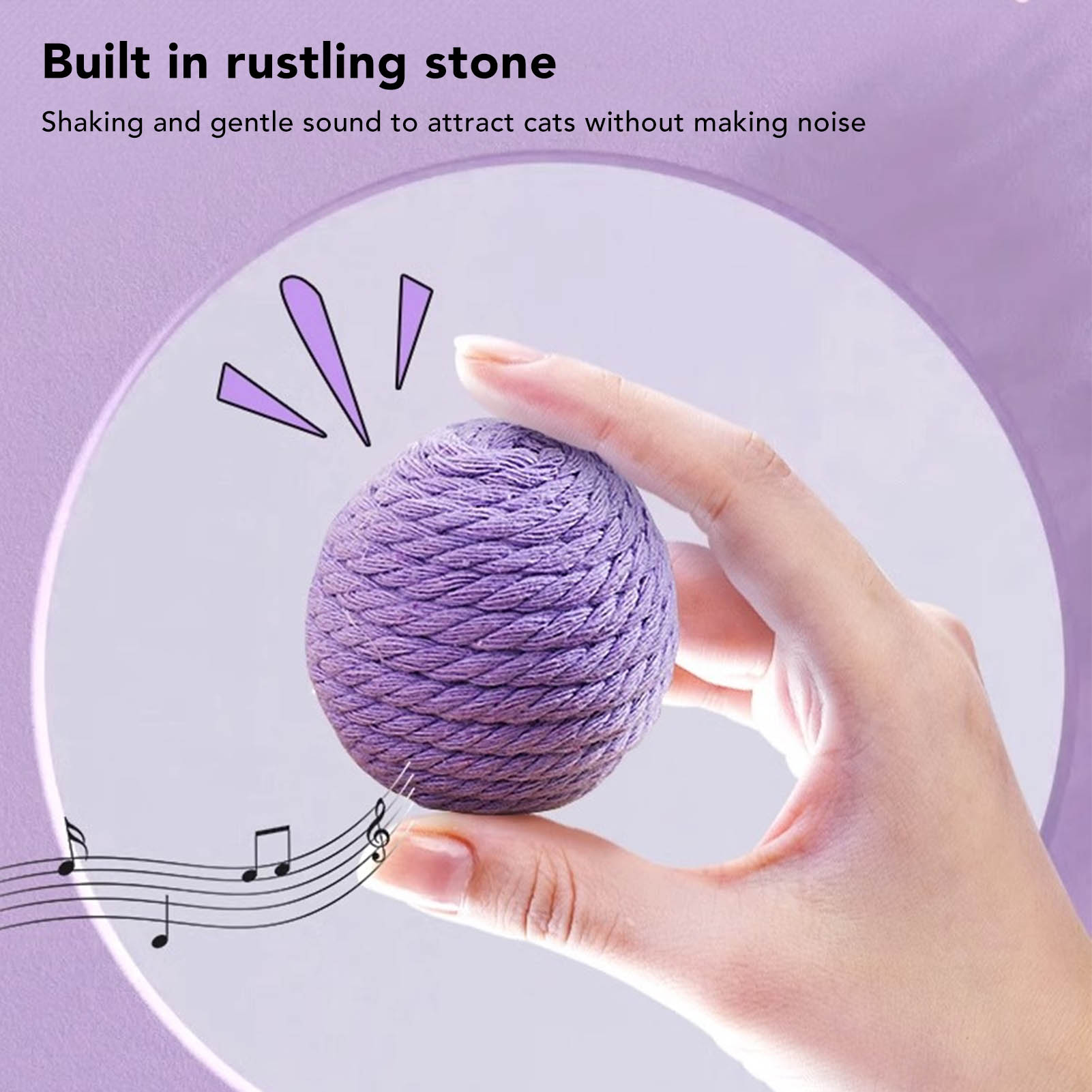 Ein lila, seilartiger Ball in einer Hand, mit Noten im Hintergrund.