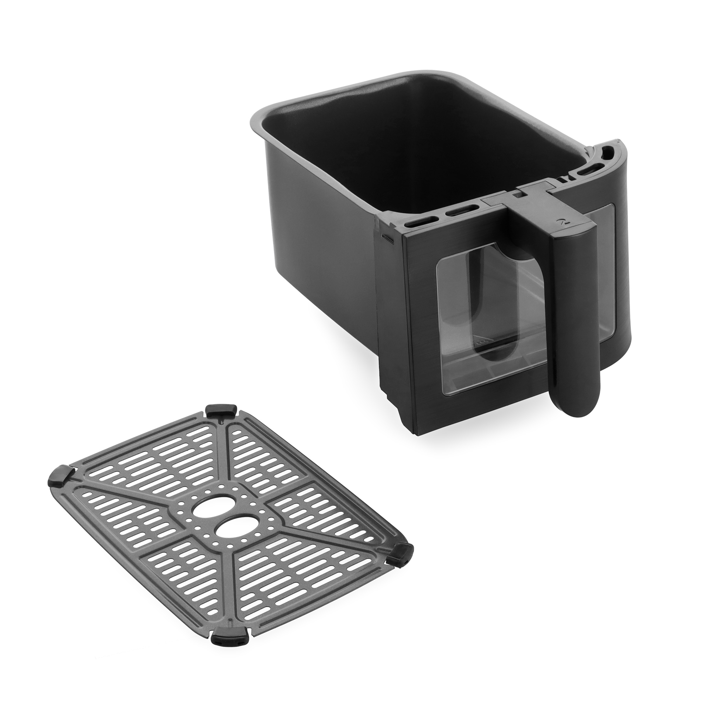 Schwarzer Airfryer-Korb und Rost auf Weiß. Griff und transparentes Fenster. Weißer Hintergrund.