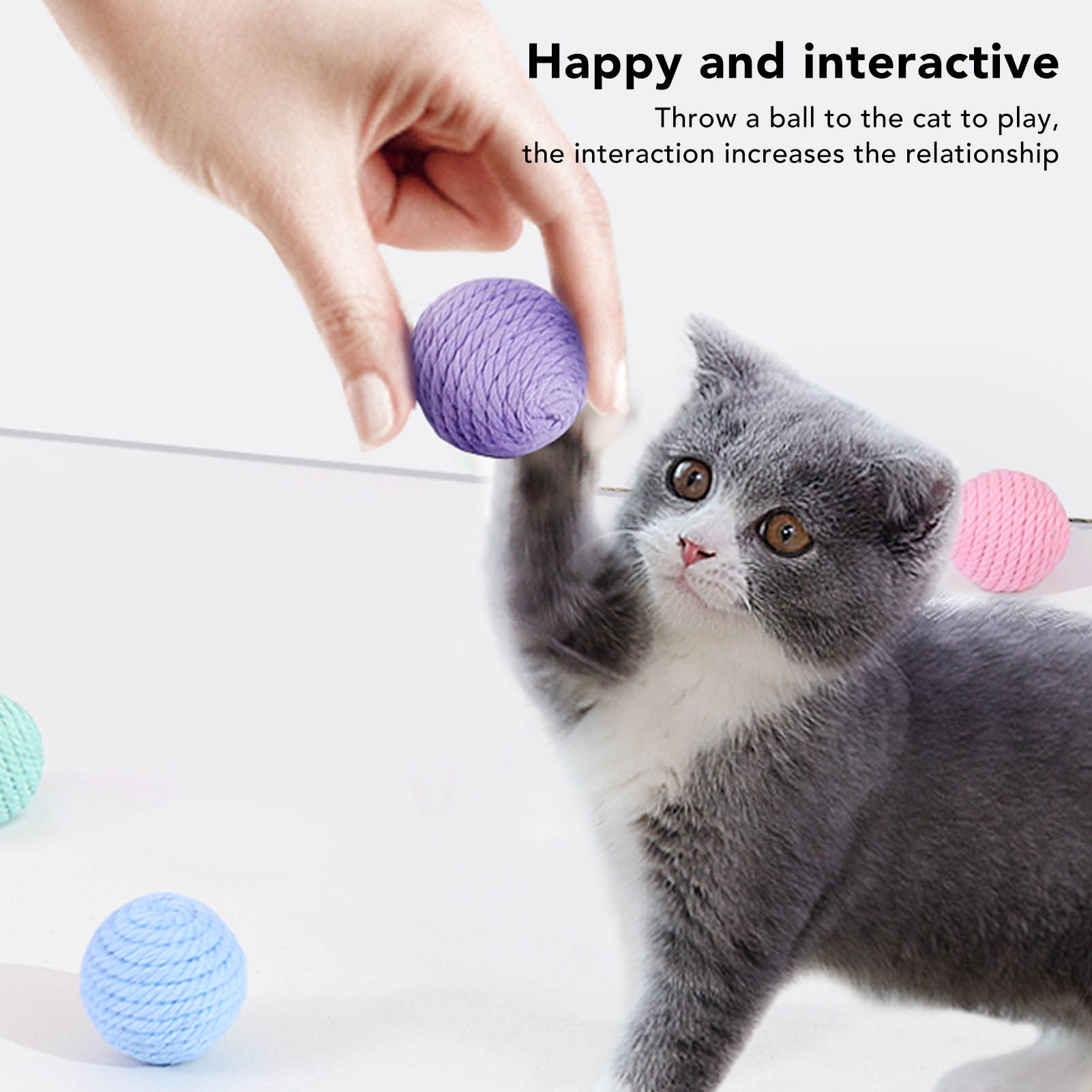 Eine Hand wirft einen lila Ball zu einer grauen Katze mit anderen bunten Bällen auf dem Boden.