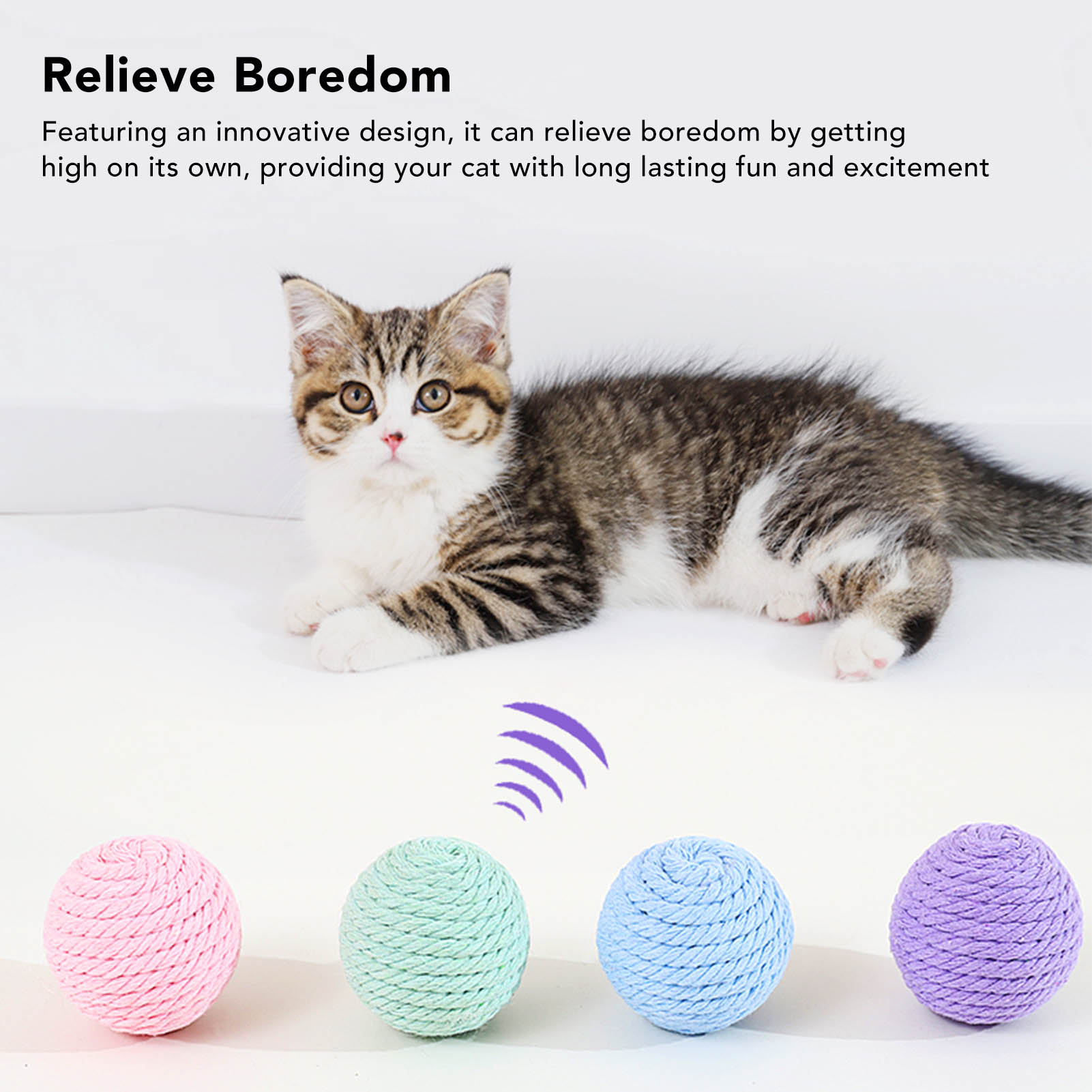 Katze neben bunten Spielbällen, die zum Spielen anregen.