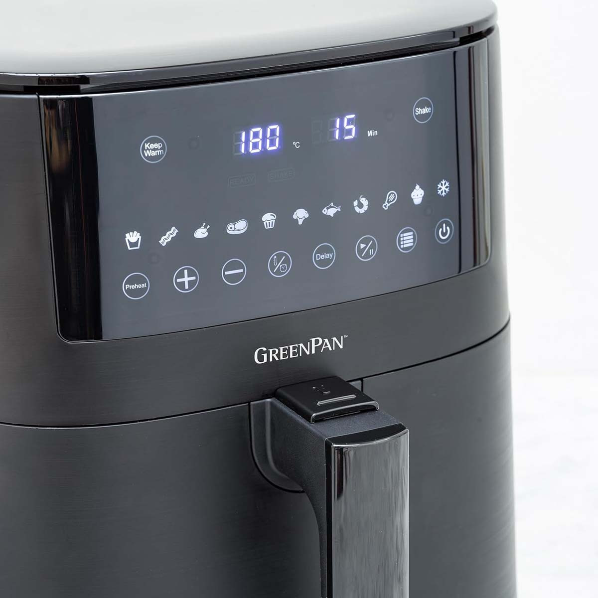 Friggitrice ad aria nera con display digitale che mostra temperatura e timer, e una maniglia.
