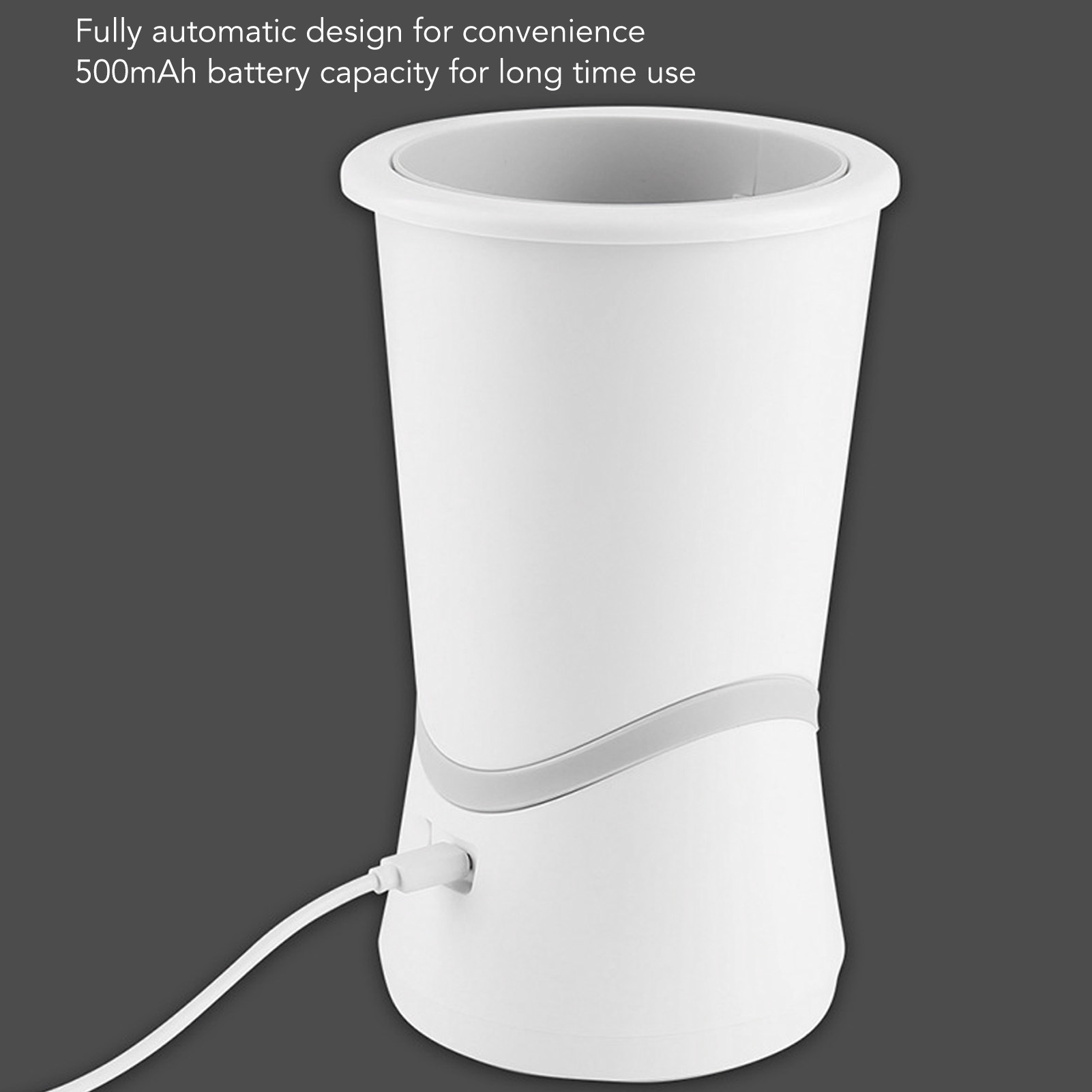 Weißes zylindrisches Gerät mit grauem Band und Ladeanschluss. Text erwähnt Design und Batterie.