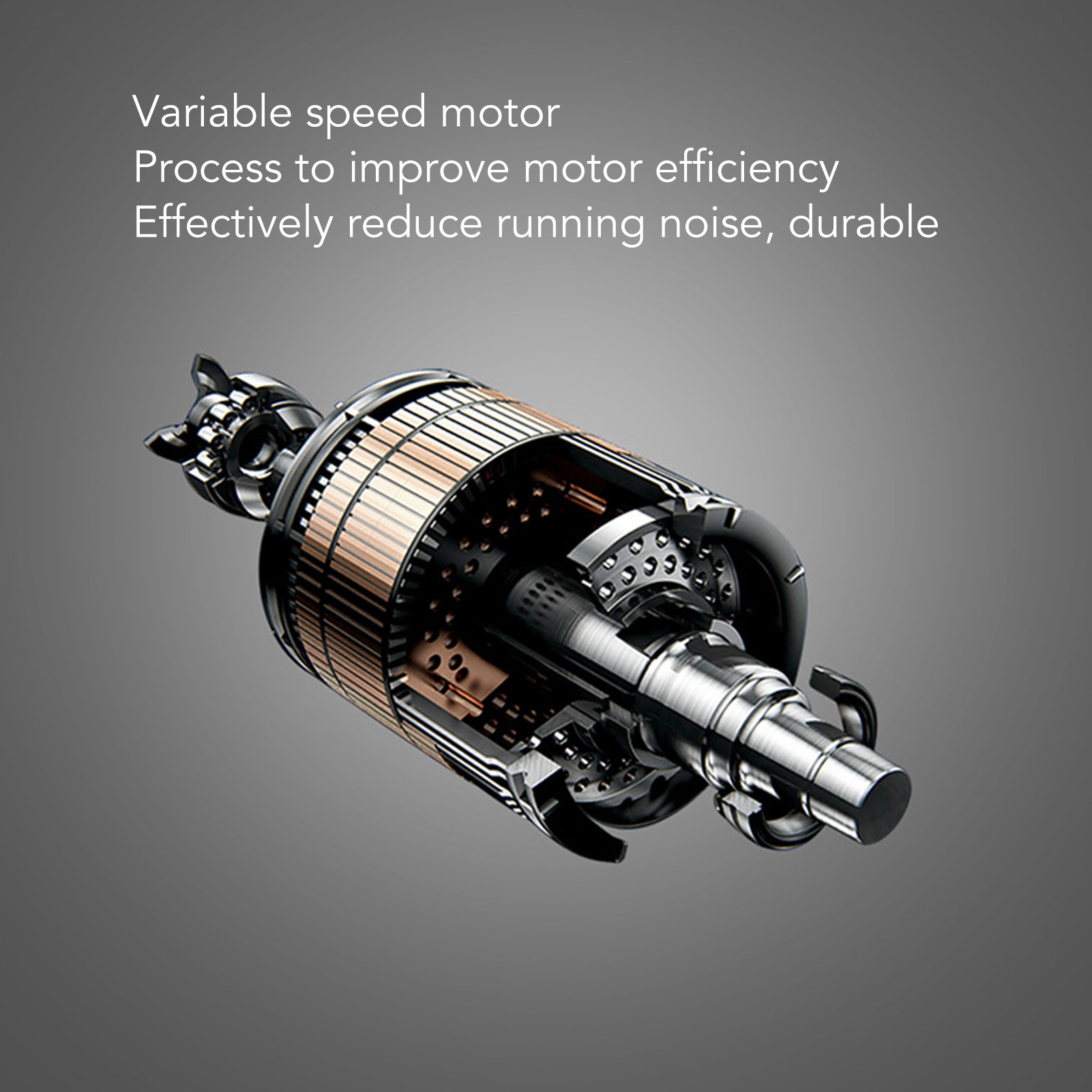 Eine detaillierte Ansicht des Innenlebens eines Motors. Kupferspulen und andere Innenteile sind sichtbar.