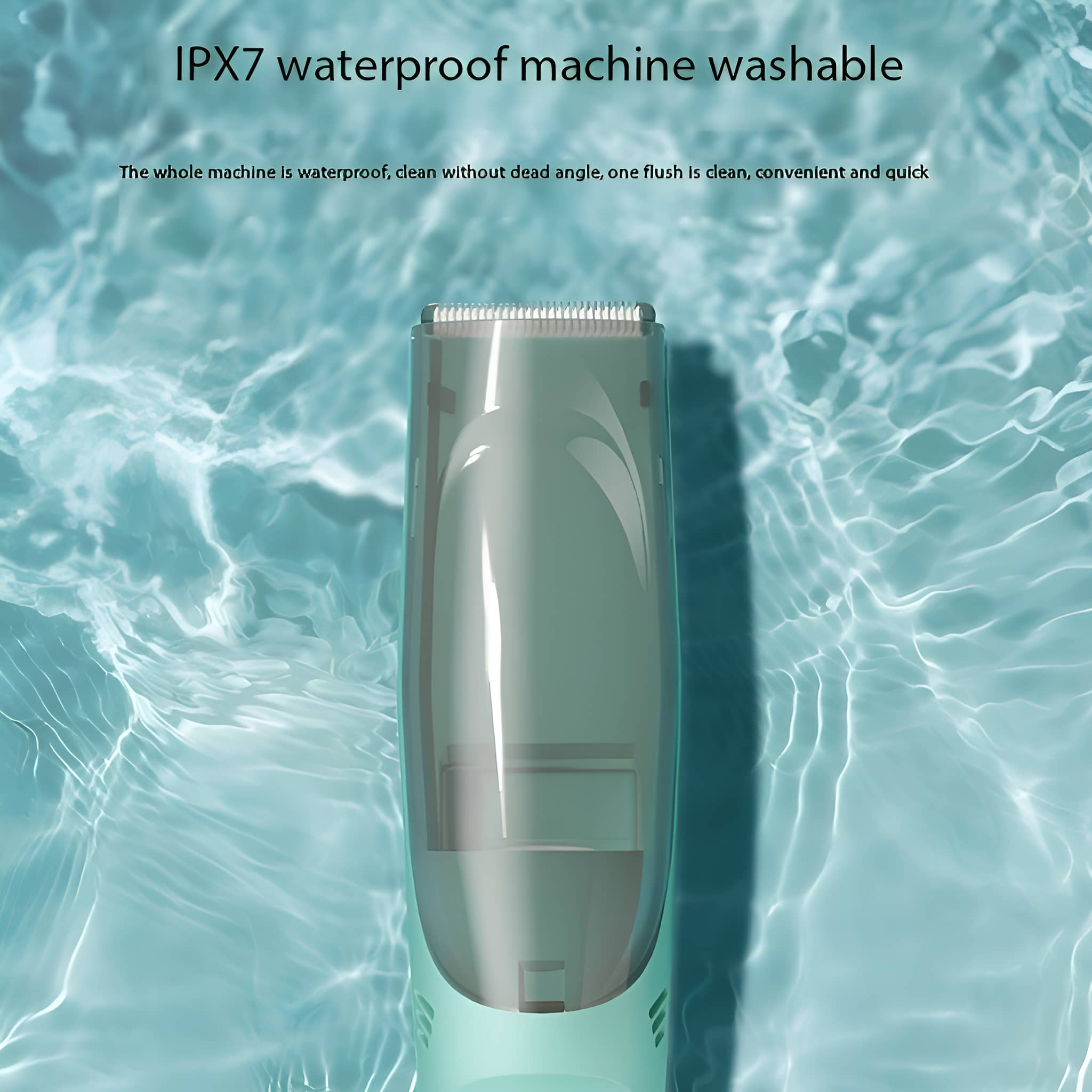Ein grüner und weißer Elektrorasierer, der in Wasser eingetaucht ist. Text lautet: IPX7 wasserdicht.