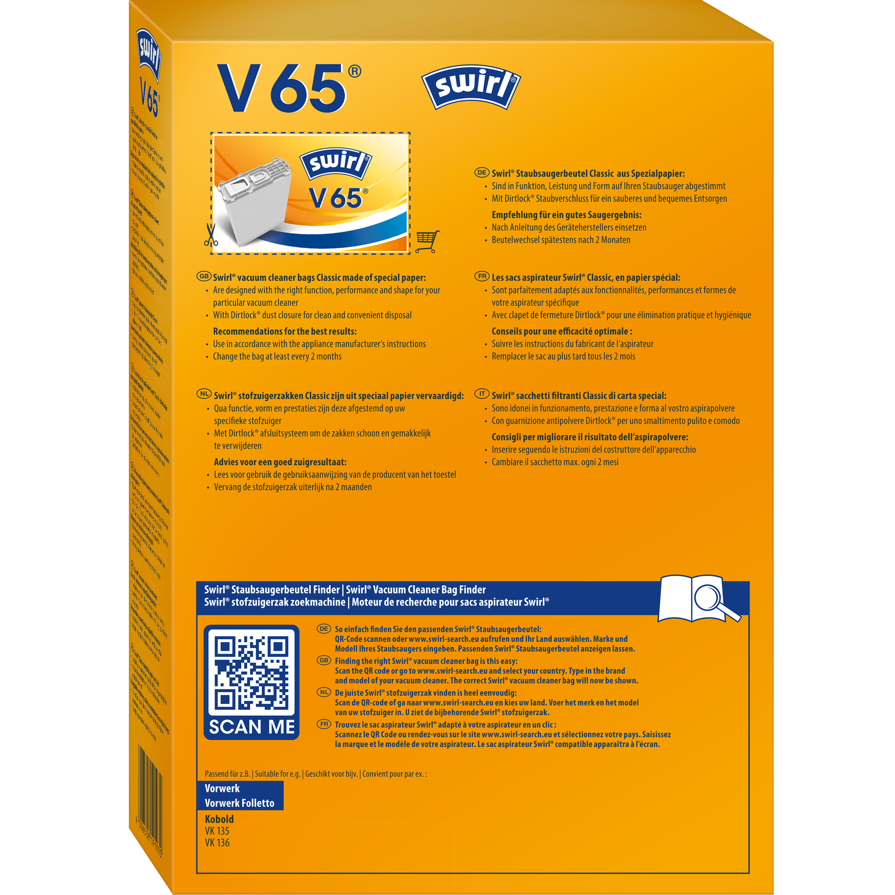 Swirl V65 Staubsaugerbeutel-Verpackung mit grafischen Elementen und Text.