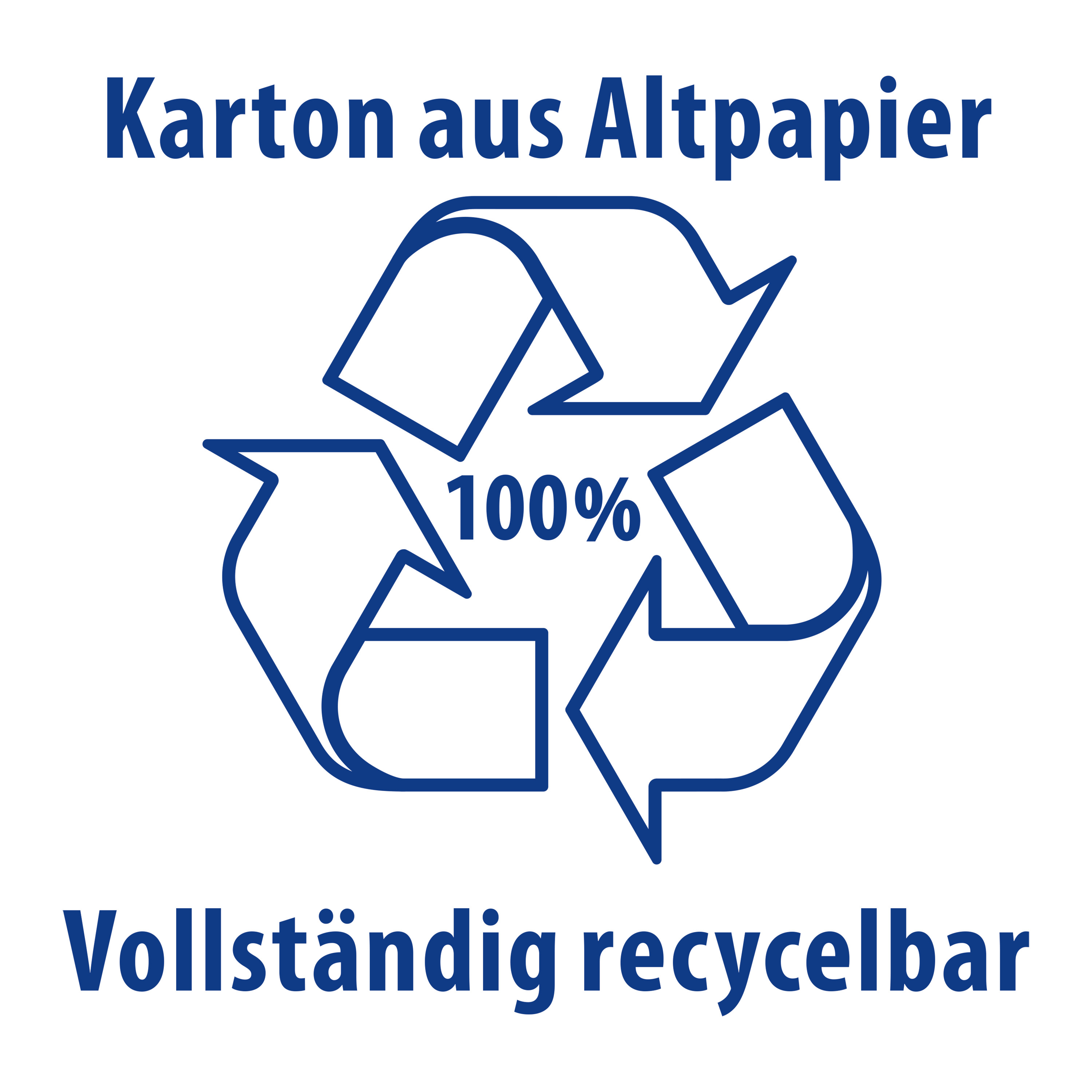 Recycling-Symbol aus Pfeilen und Text: Karton aus Altpapier, vollständig recycelbar.