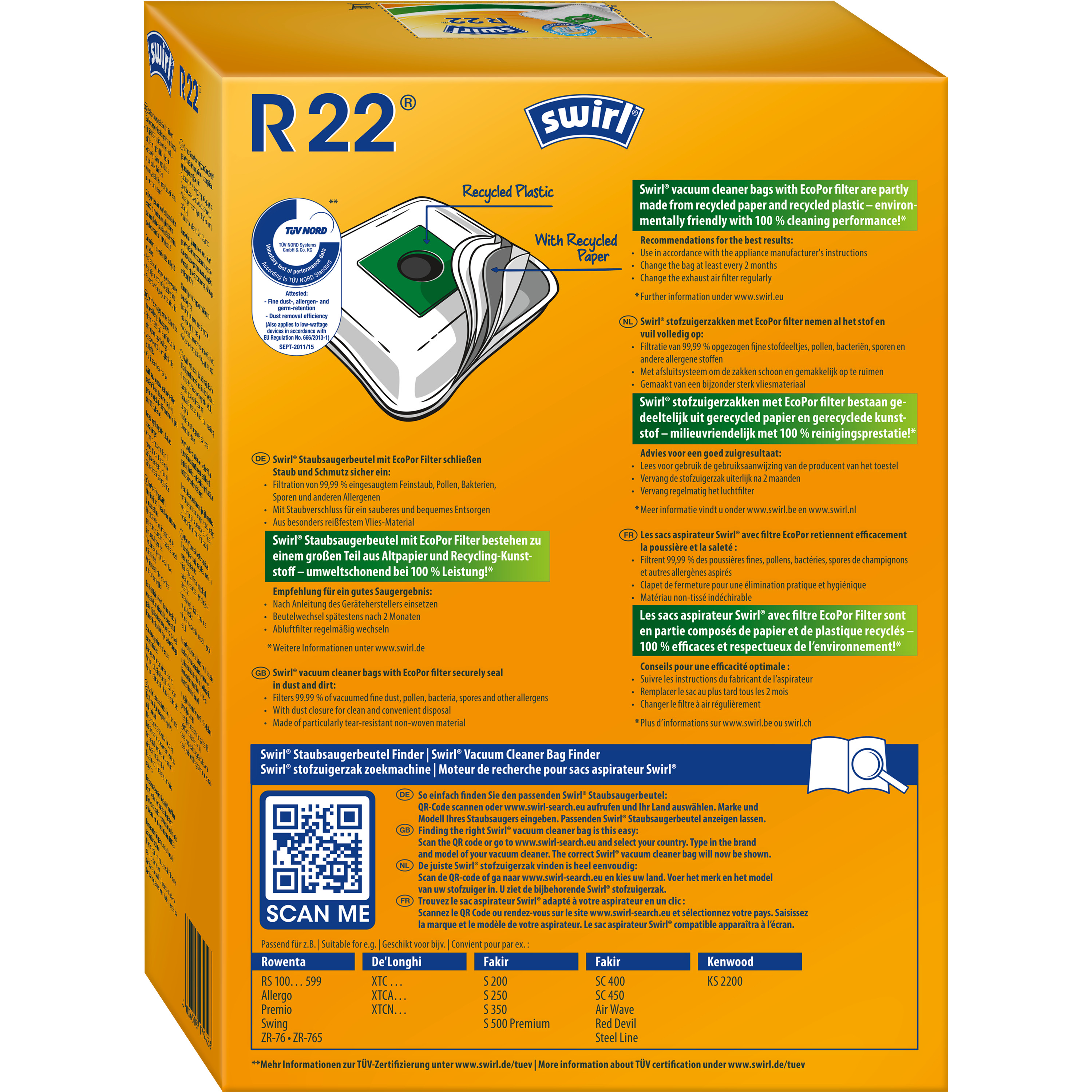 Schachtel mit Swirl R22 Staubsaugerbeuteln mit Text und einem QR-Code.