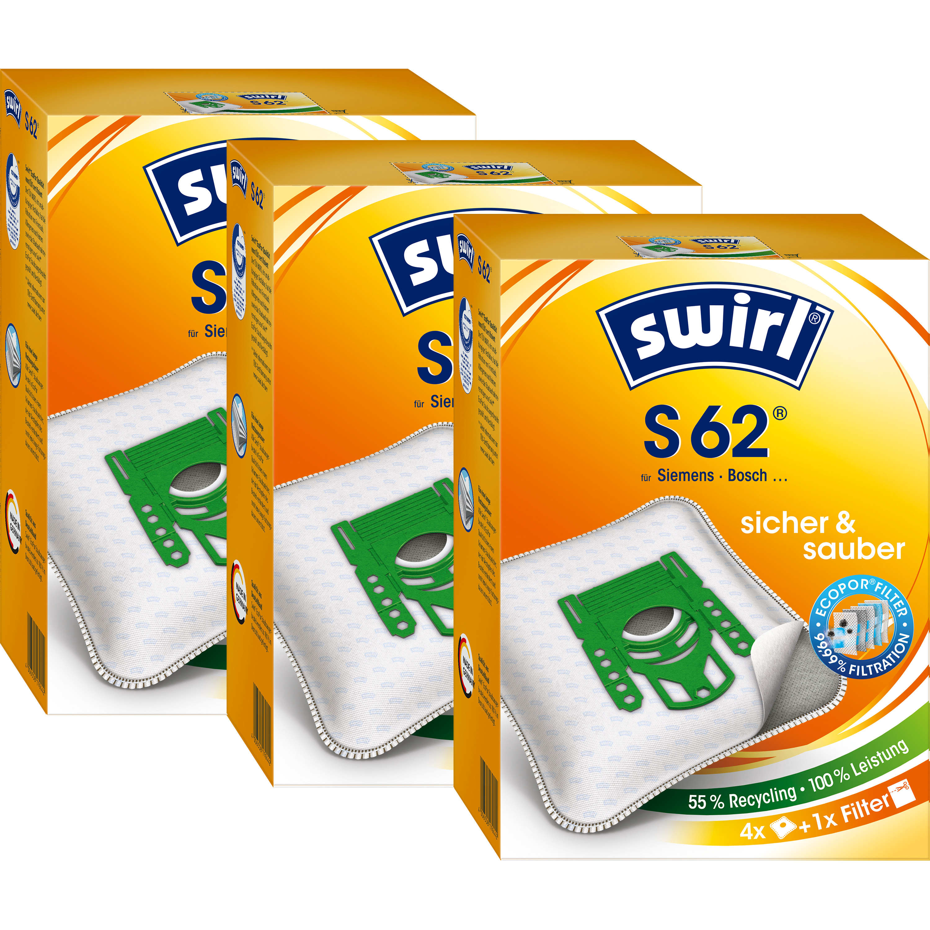 Drei Kartons Swirl S62 Staubsaugerbeutel. Kartons sind orange und weiß.