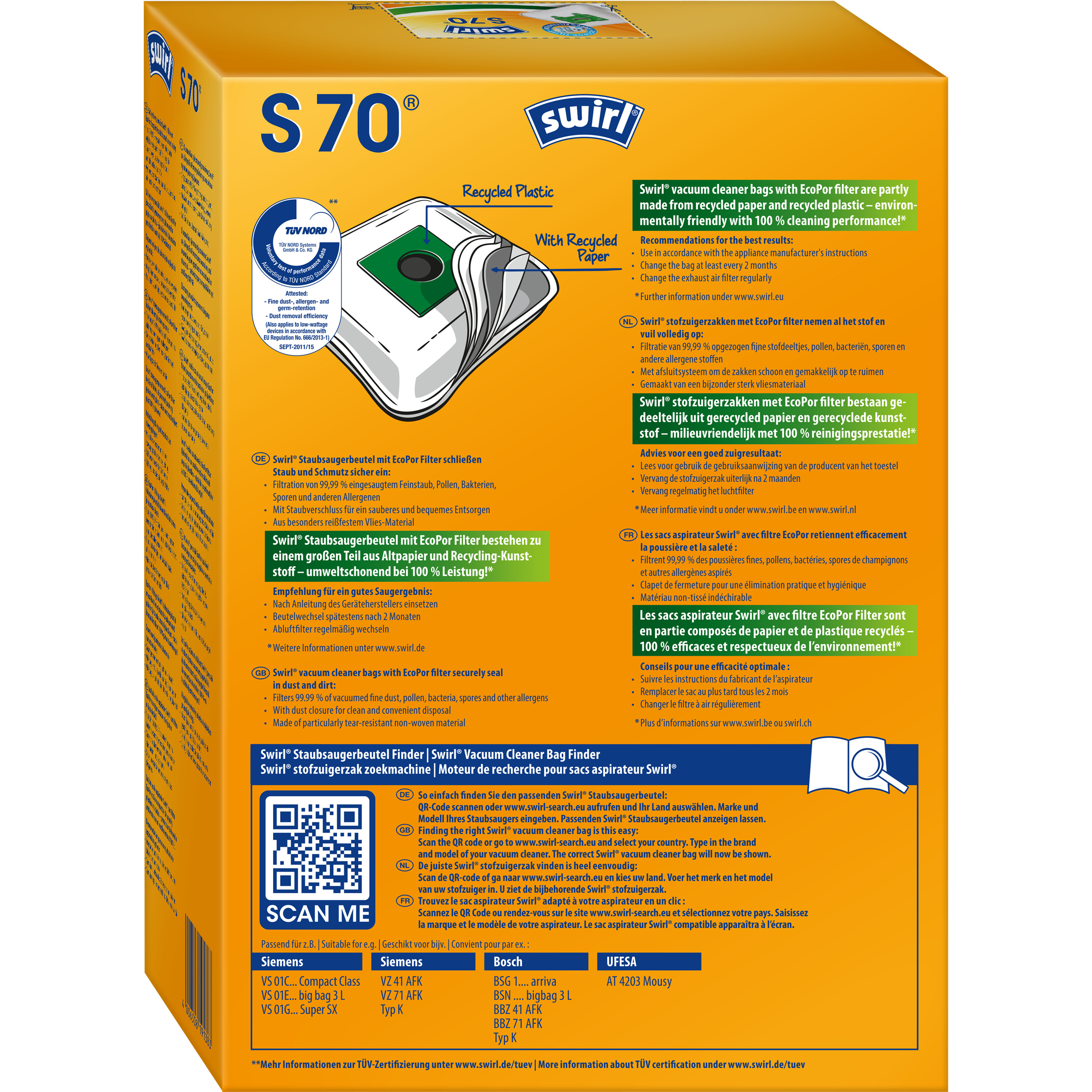 Karton mit Swirl S70 Staubsaugerbeuteln, mit Text und Informationen zum Produkt.