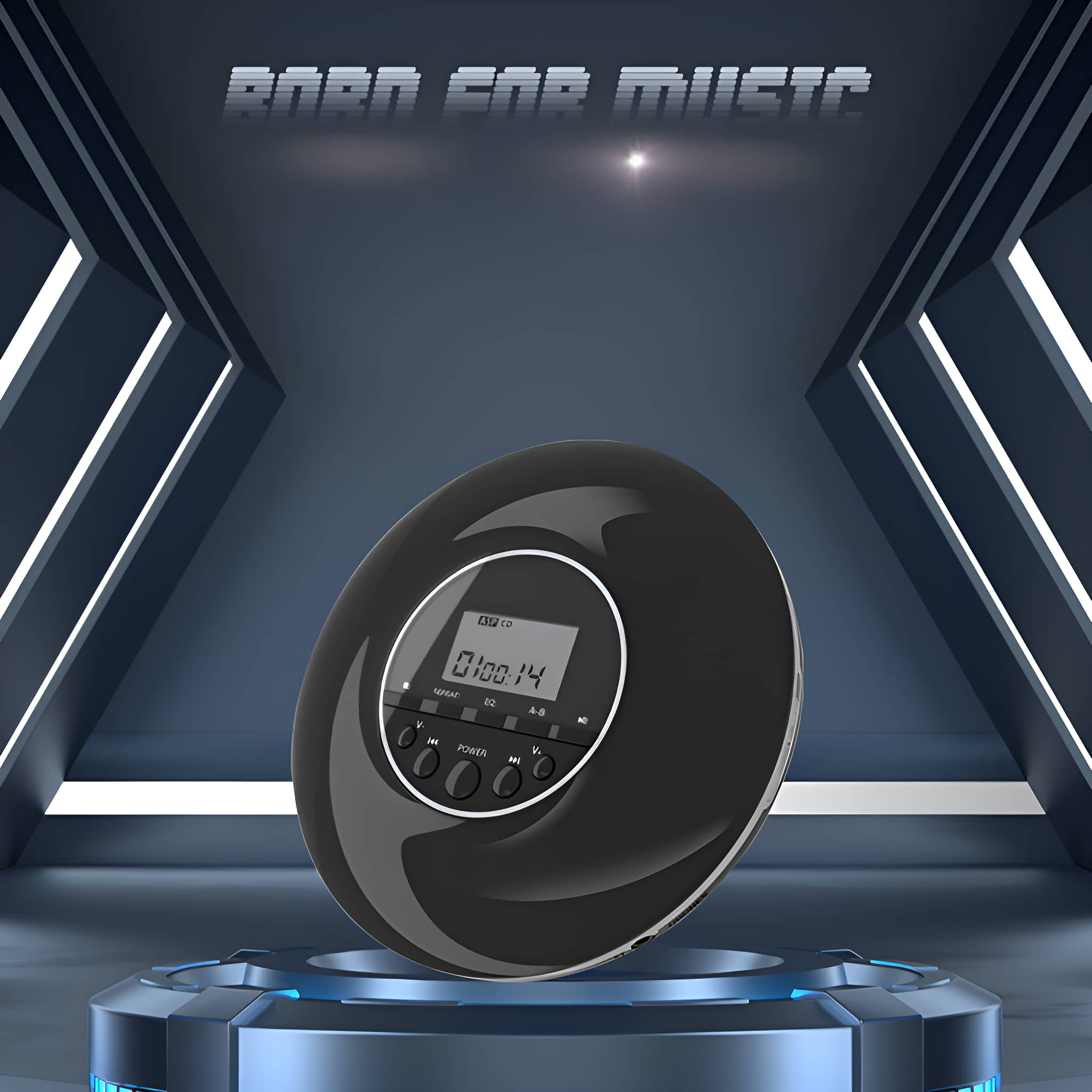Schwarzer CD-Player mit Display und Knöpfen auf einer blauen Plattform mit Metallrahmen.