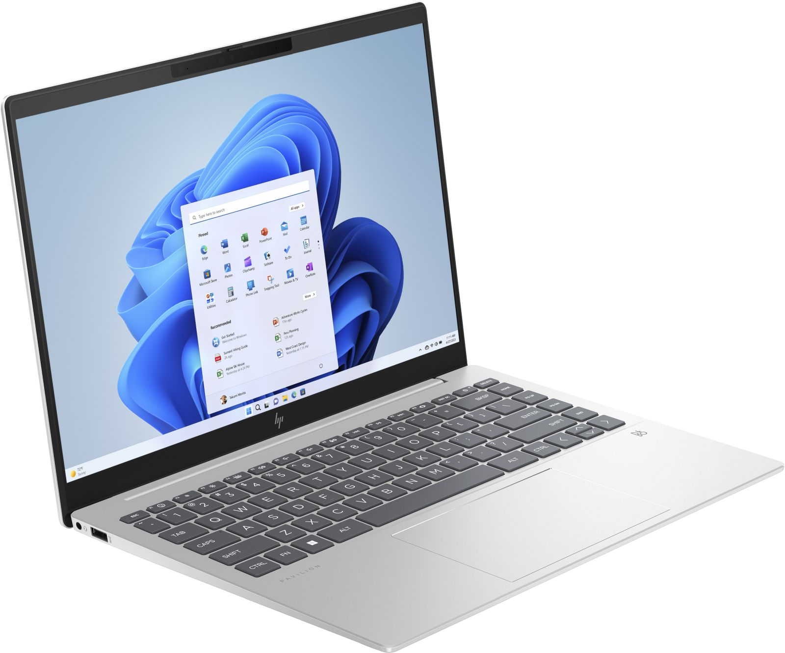 Silberner HP Laptop mit offenem Bildschirm, der eine Windows 11-Oberfläche anzeigt.