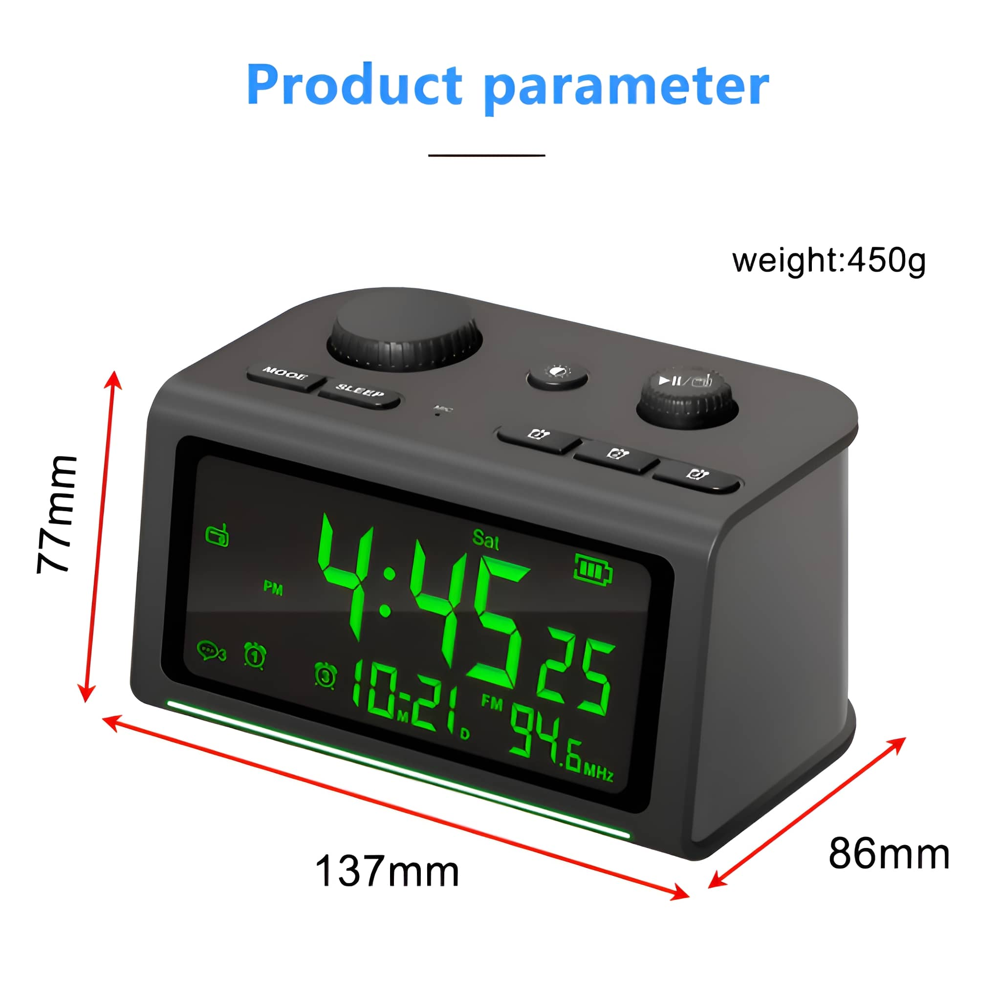 Schwarze Digitaluhr mit grüner Anzeige von Zeit und Datum. Abmessungen werden angezeigt.
