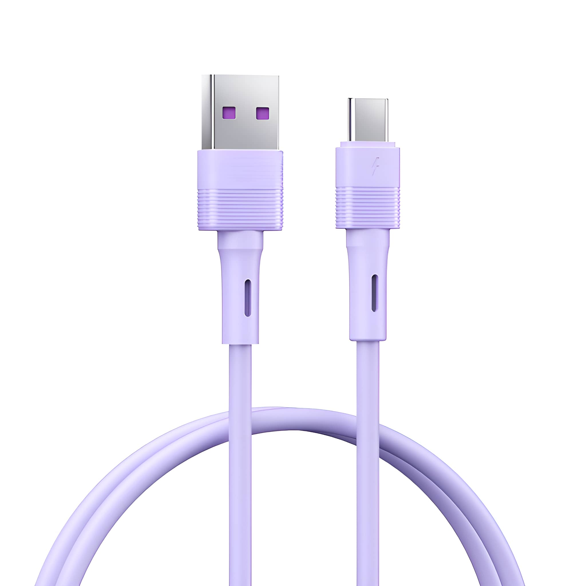Lila USB-zu-USB-C-Kabel. Verfügt über zwei Anschlüsse. Das Kabel ist ein hellerer Lilaton.