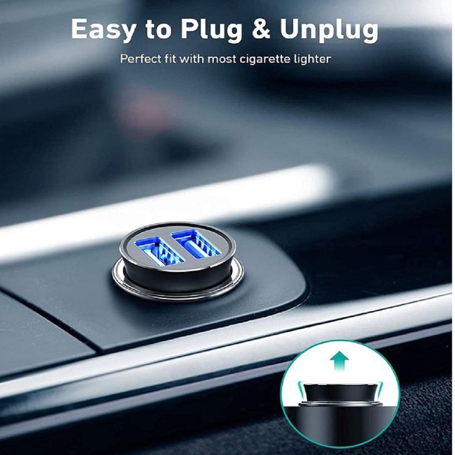 Ein schwarzes Autoladegerät mit zwei blauen USB-Anschlüssen in der Konsole eines Autos. Pfeil zeigt das Herausziehen.