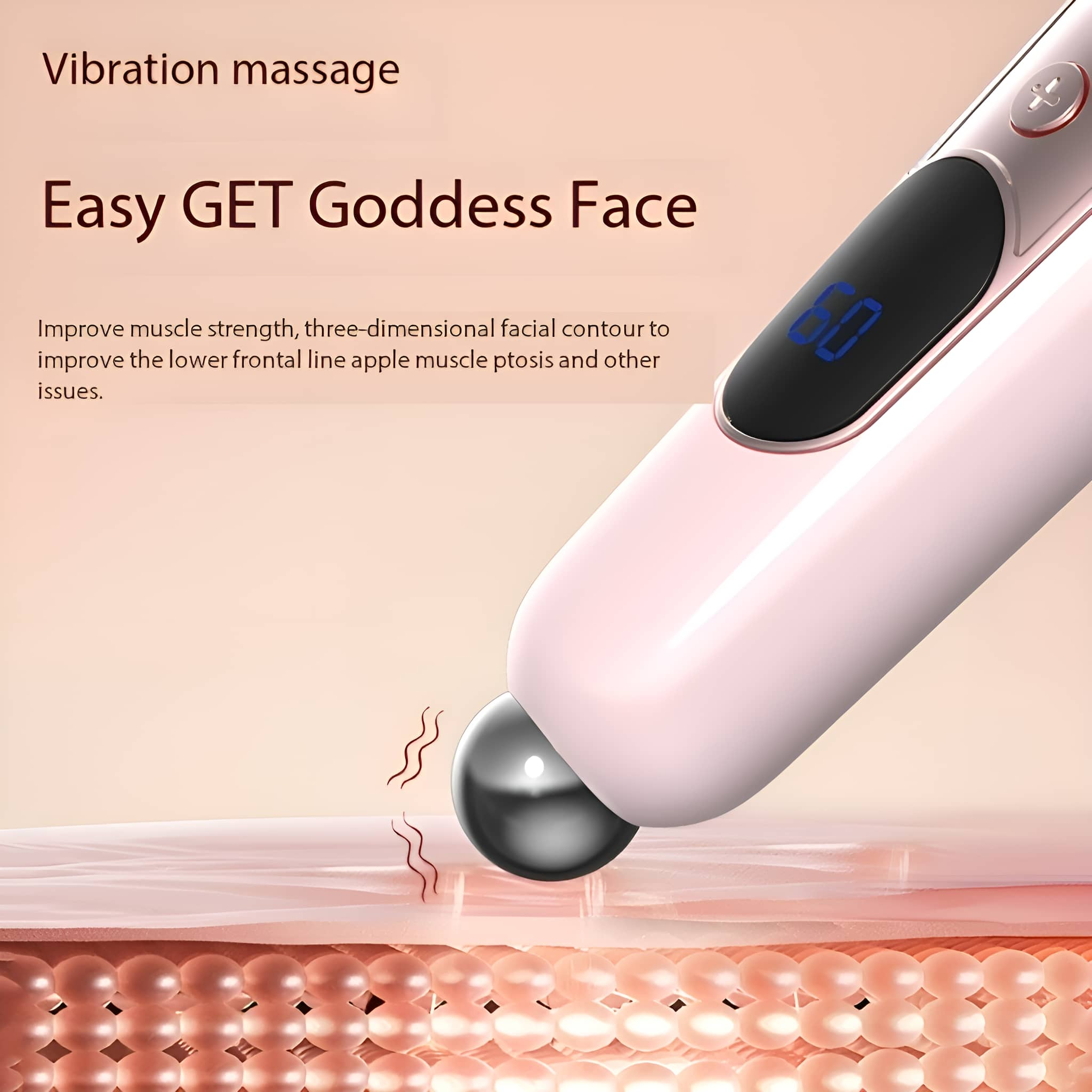 Gerät berührt Haut. Text lautet: Easy GET Goddess Face. Zahlen auf dem Bildschirm zeigen 60. Rosa-silbernes Gerät.