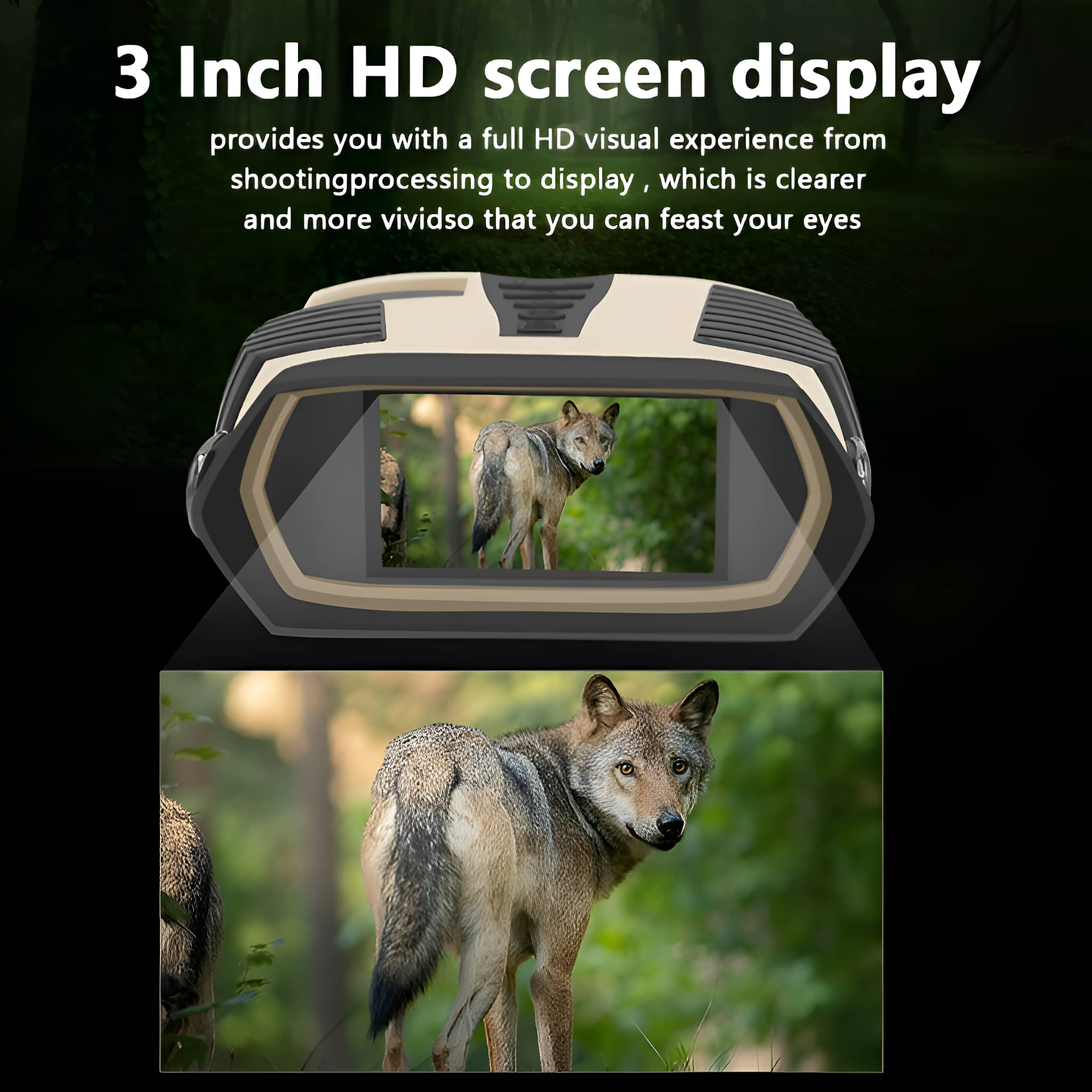 Ein Gerät zeigt ein Wolfsbild auf einem Bildschirm mit Text über HD-Anzeige und einen Wolf im Wald.