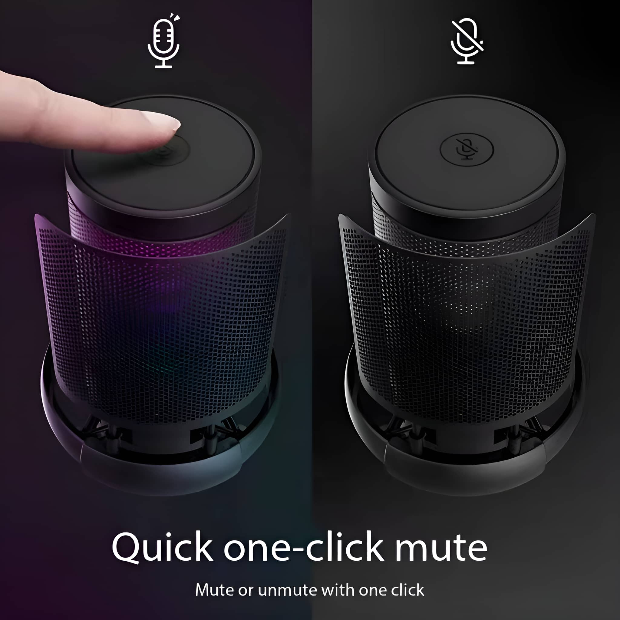 Zwei schwarze Mikrofone, die den Stumm- und Unmute-Zustand zeigen. Ein Finger berührt eines zum Stummschalten.