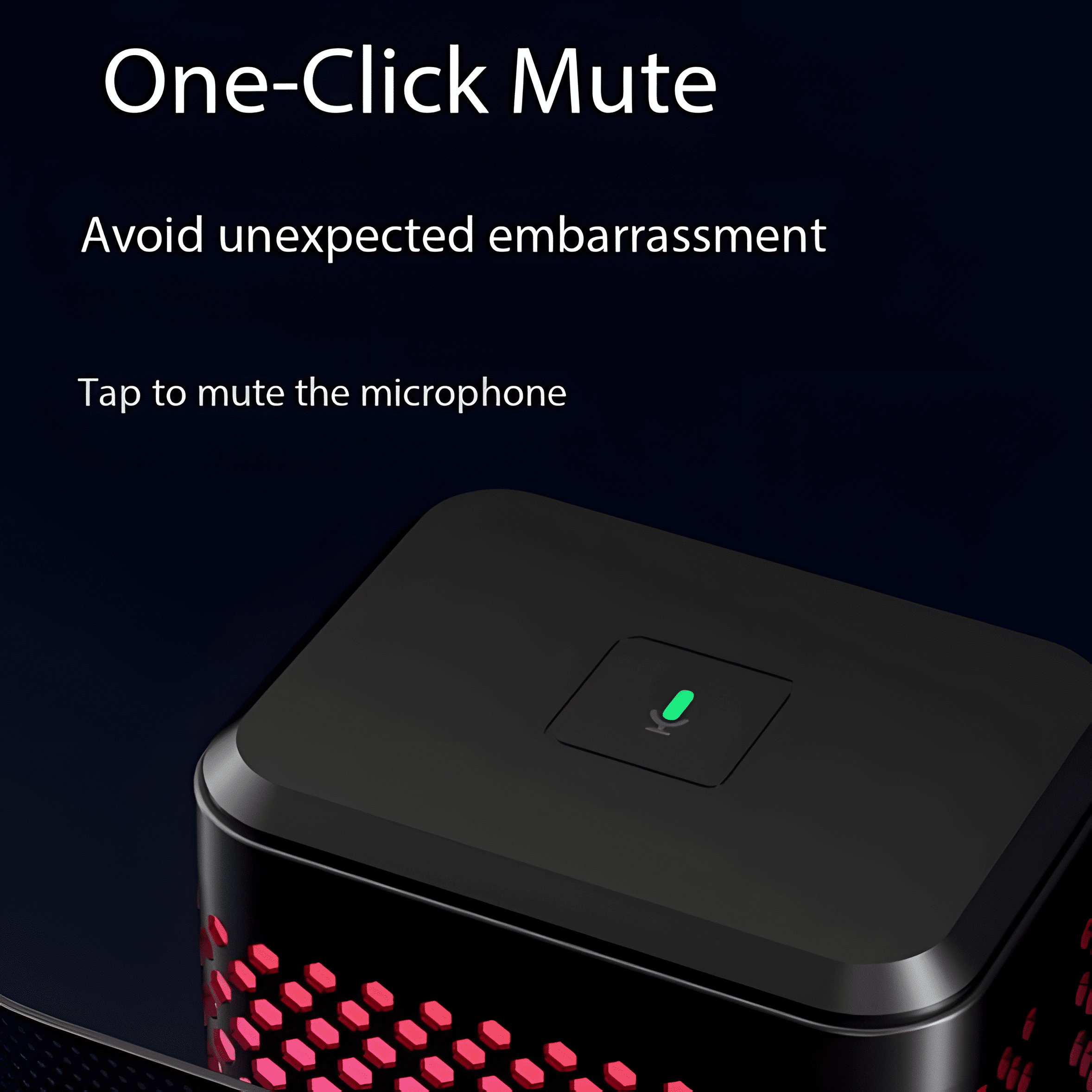 Schwarzes Gerät mit einer einzigen Taste und einem grünen Licht. Text 'One-Click Mute'.