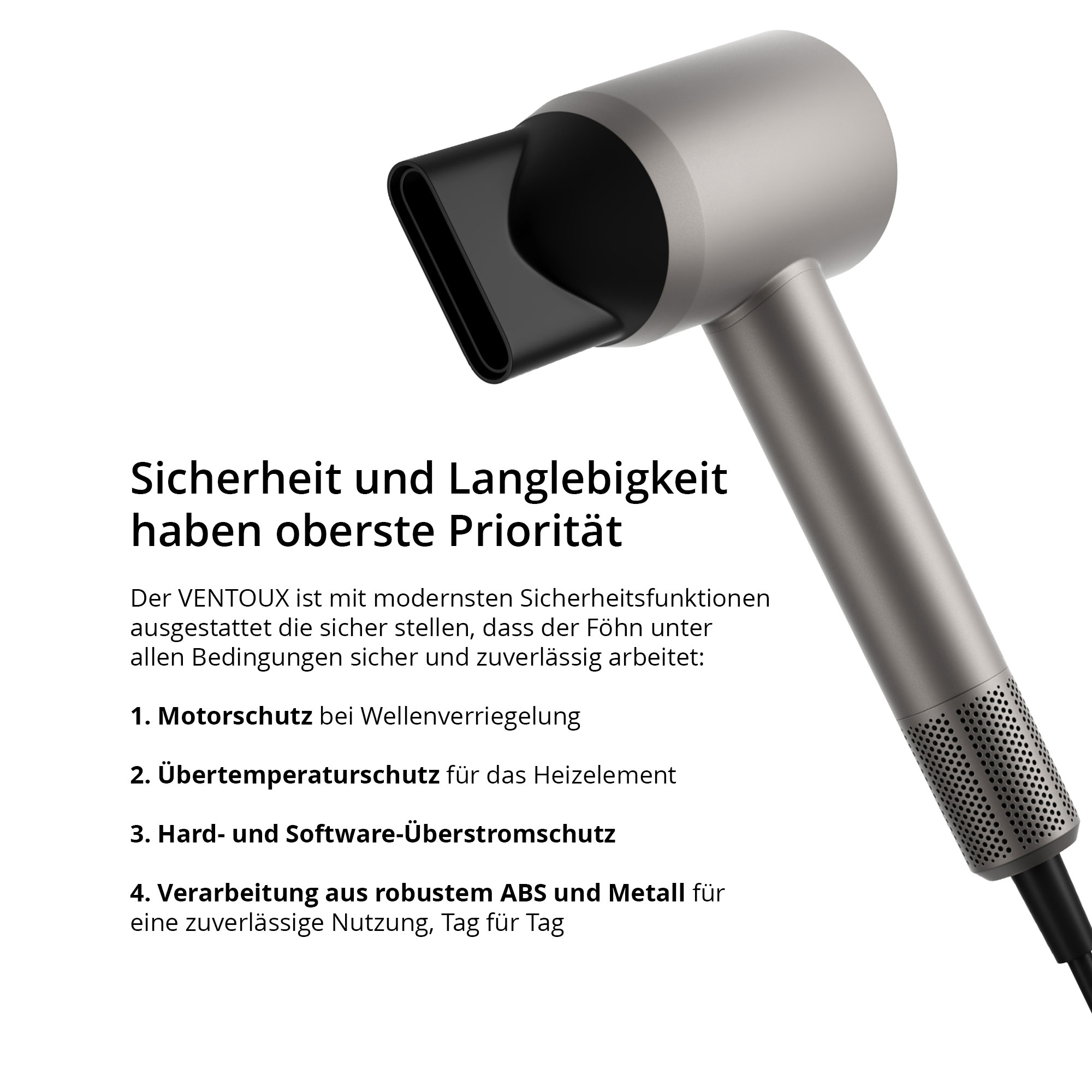 Ein silberner Föhn. Sicherheit und Langlebigkeit stehen im Mittelpunkt.