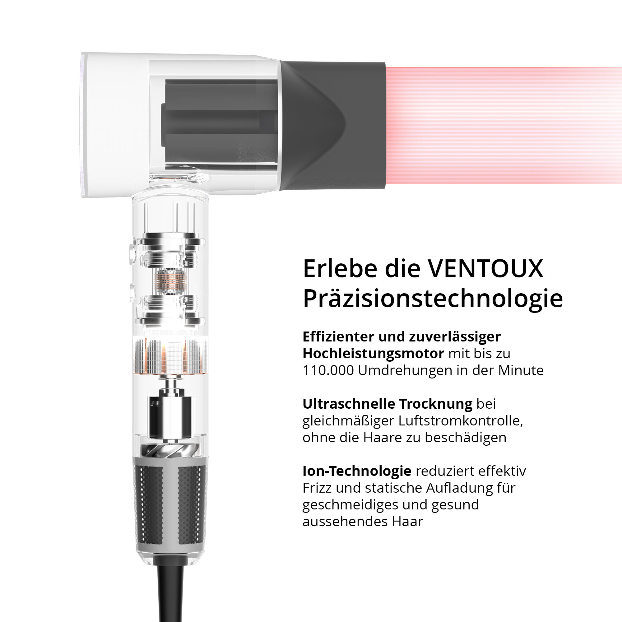 Haartrockner mit sichtbaren internen Komponenten. Text auf Deutsch.