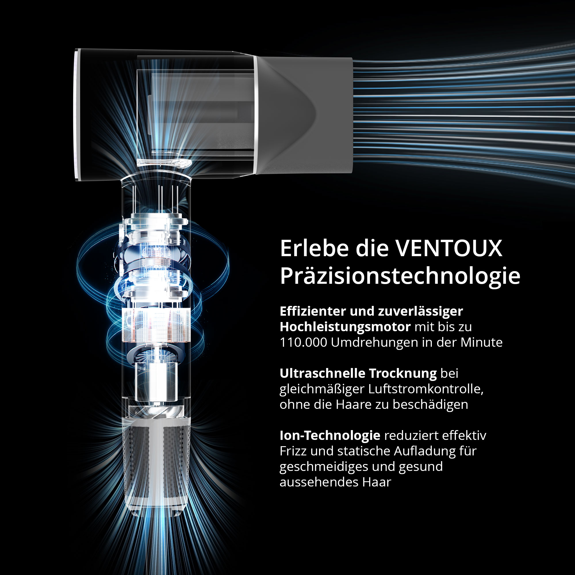 Diagramm, das einen Haartrockner mit blauen Lichteffekten und Informationstext auf schwarzem Hintergrund zeigt.