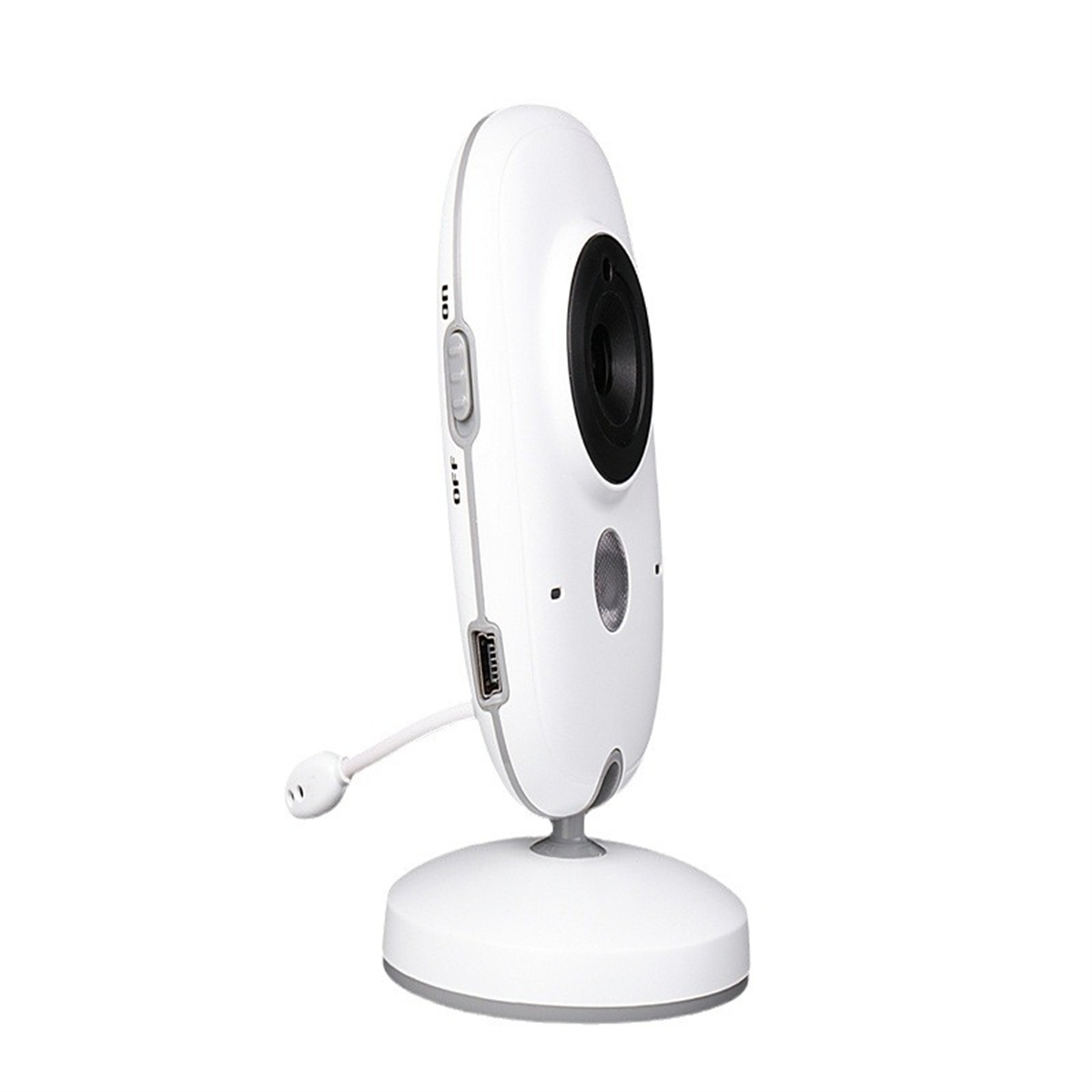 Weiße Babyphone-Kamera auf einem Ständer.