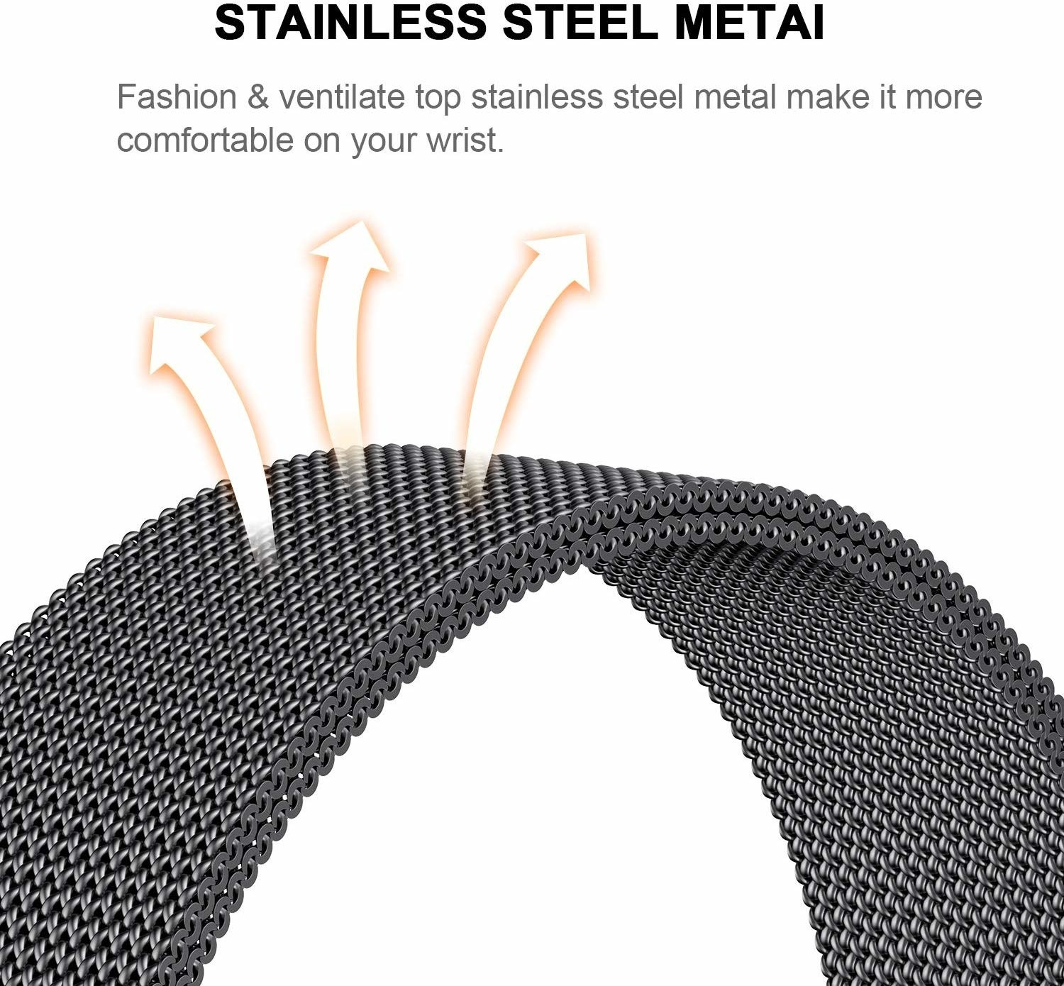 Nahaufnahme eines Edelstahl-Uhrenarmbands mit weißen Pfeilen.