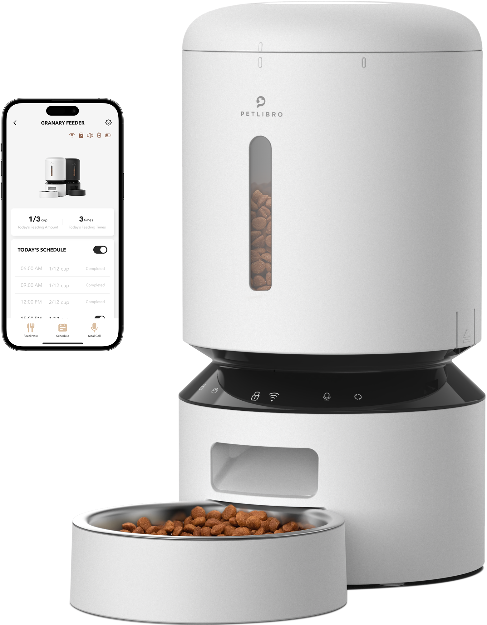 White pet food dispenser with a food bowl and a phone showing the feeding schedule.