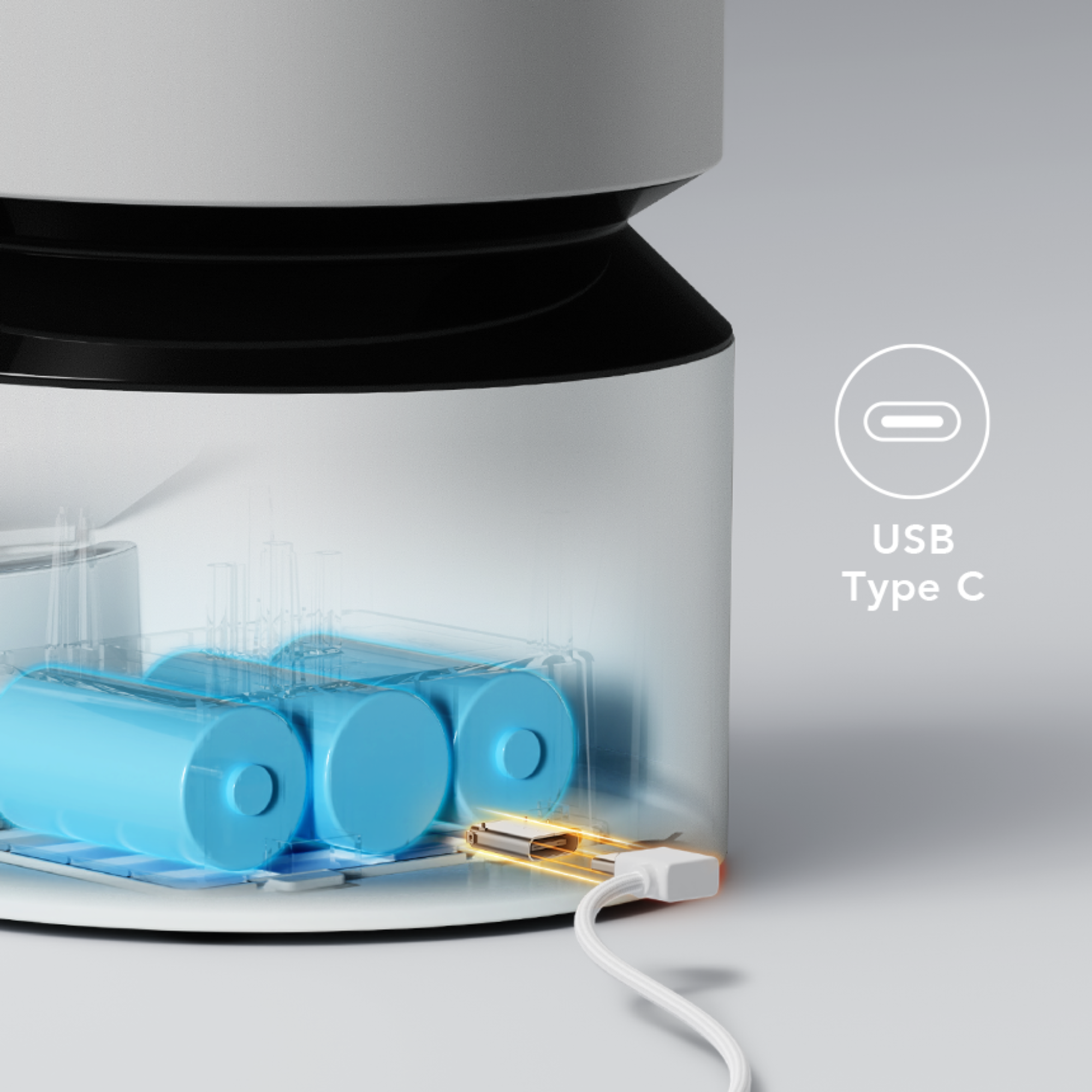 Dispositivo blanco con baterías azules dentro, un cable USB-C enchufado. Texto: USB Tipo C.