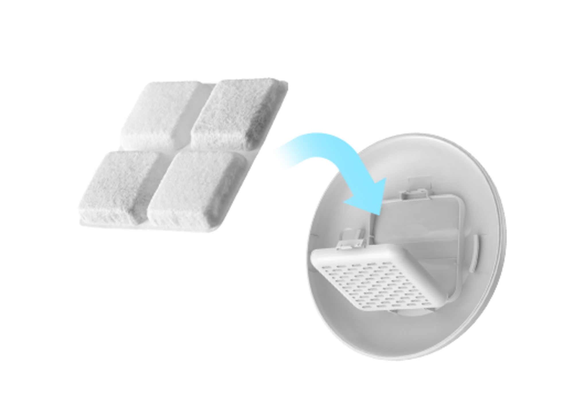 Cuatro almohadillas filtrantes blancas junto a una carcasa de filtro de agua blanca con una flecha que muestra el montaje.