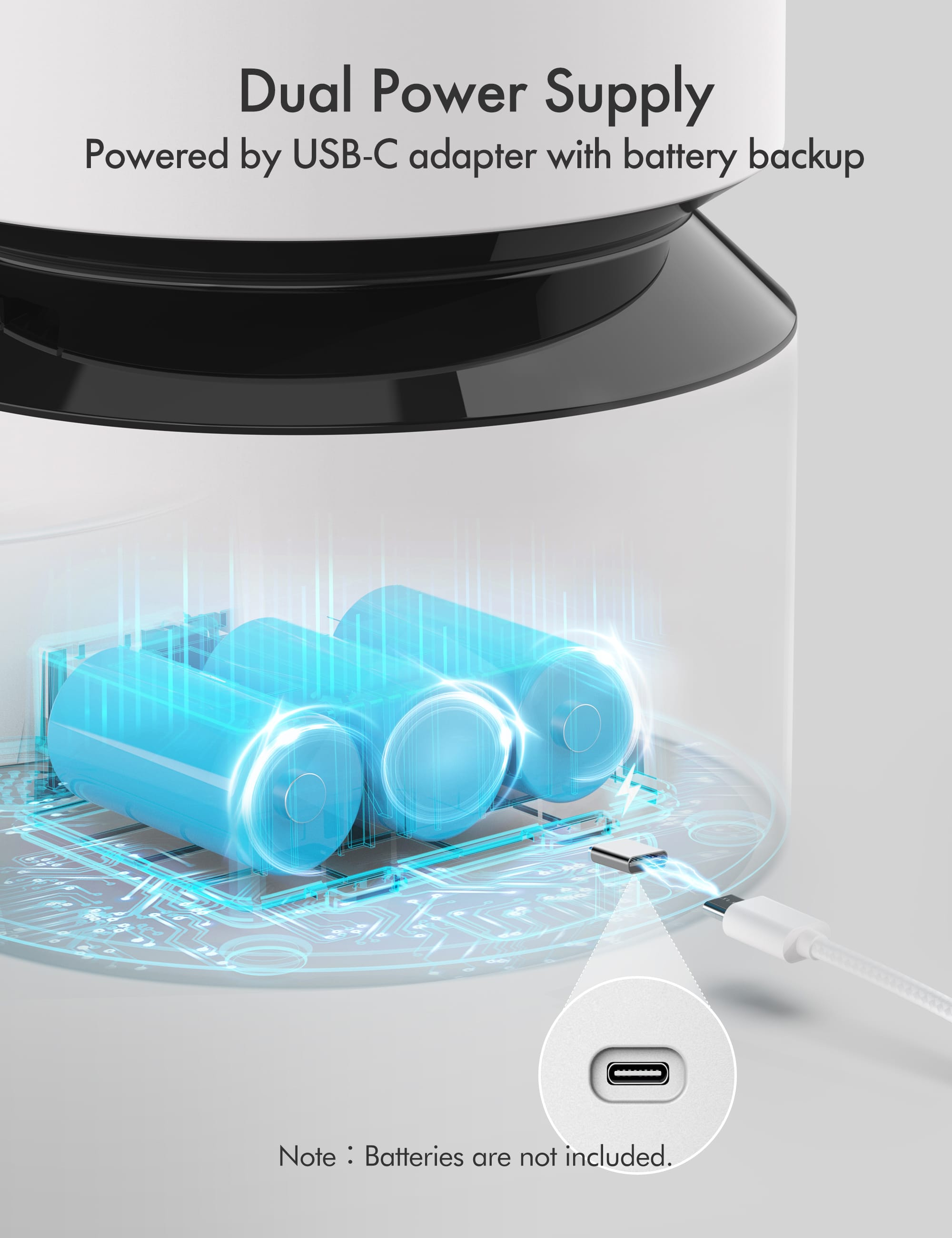 Un dispositivo bianco con batterie blu e una porta USB-C. Le batterie sono visibili all'interno.