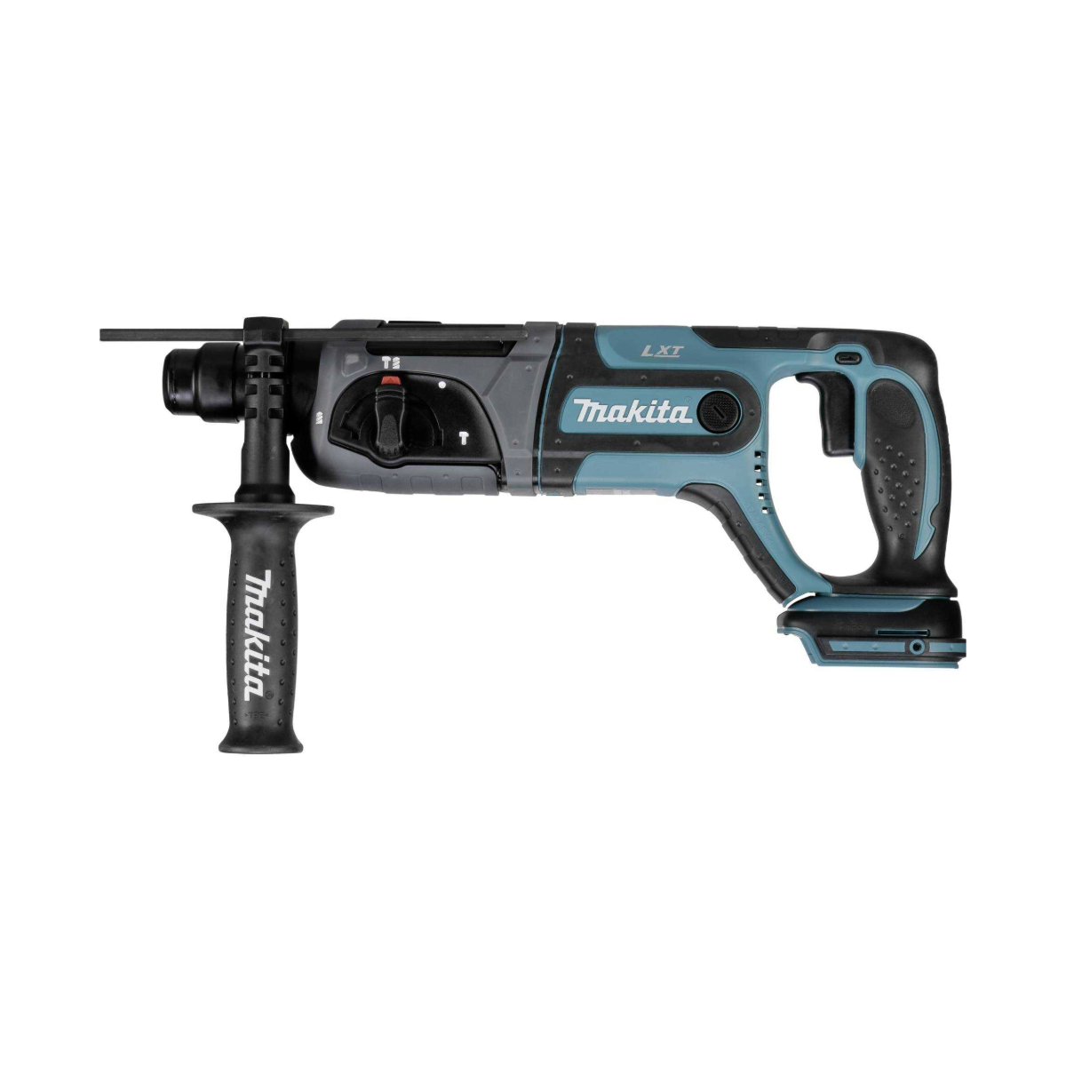 Czarna i niebieska wiertarka Makita z czarnym uchwytem. Jest na białym tle.